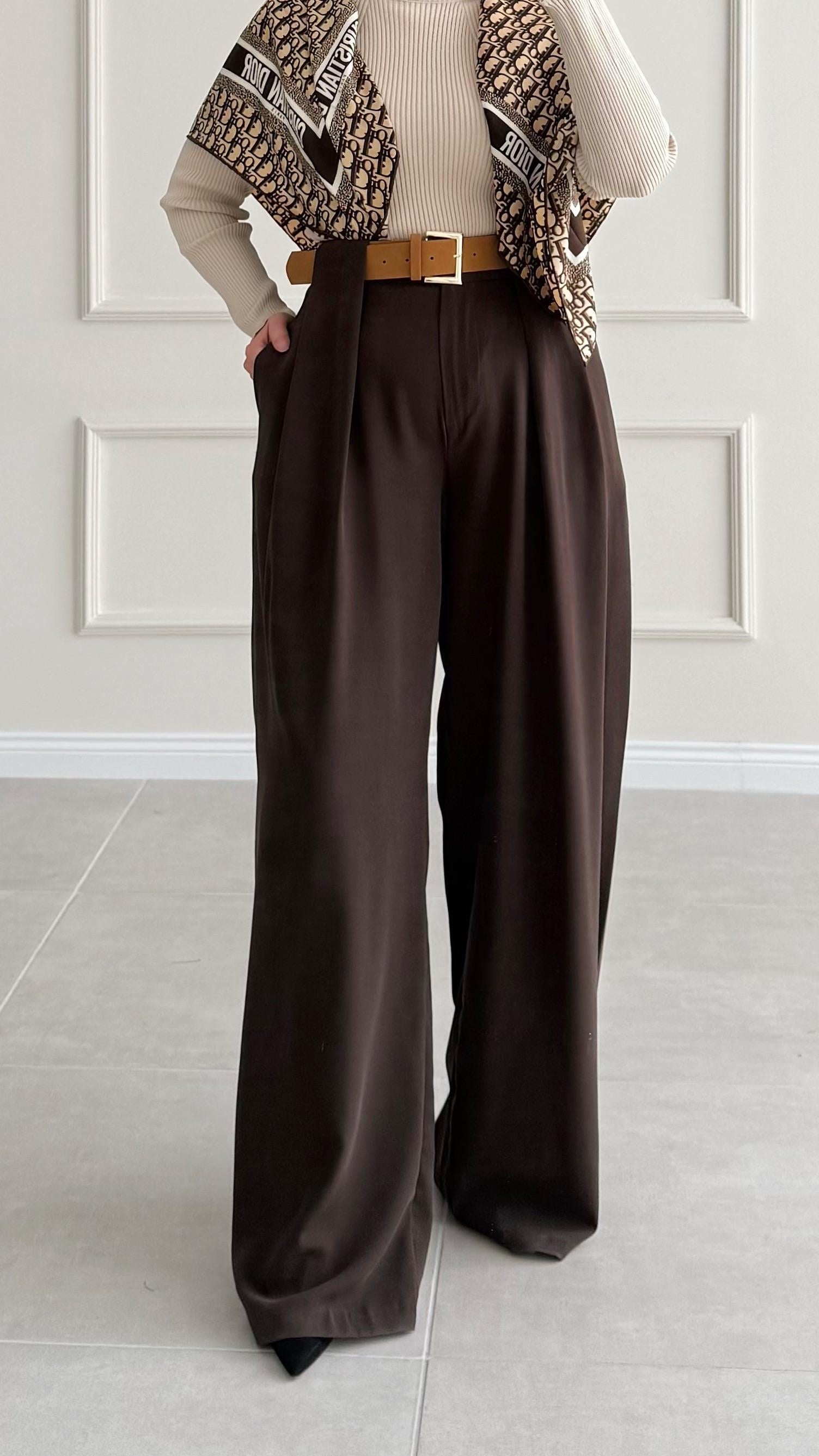 Efal Premıum Köprü Kemer Detaylı Kahverengi Pantolon 