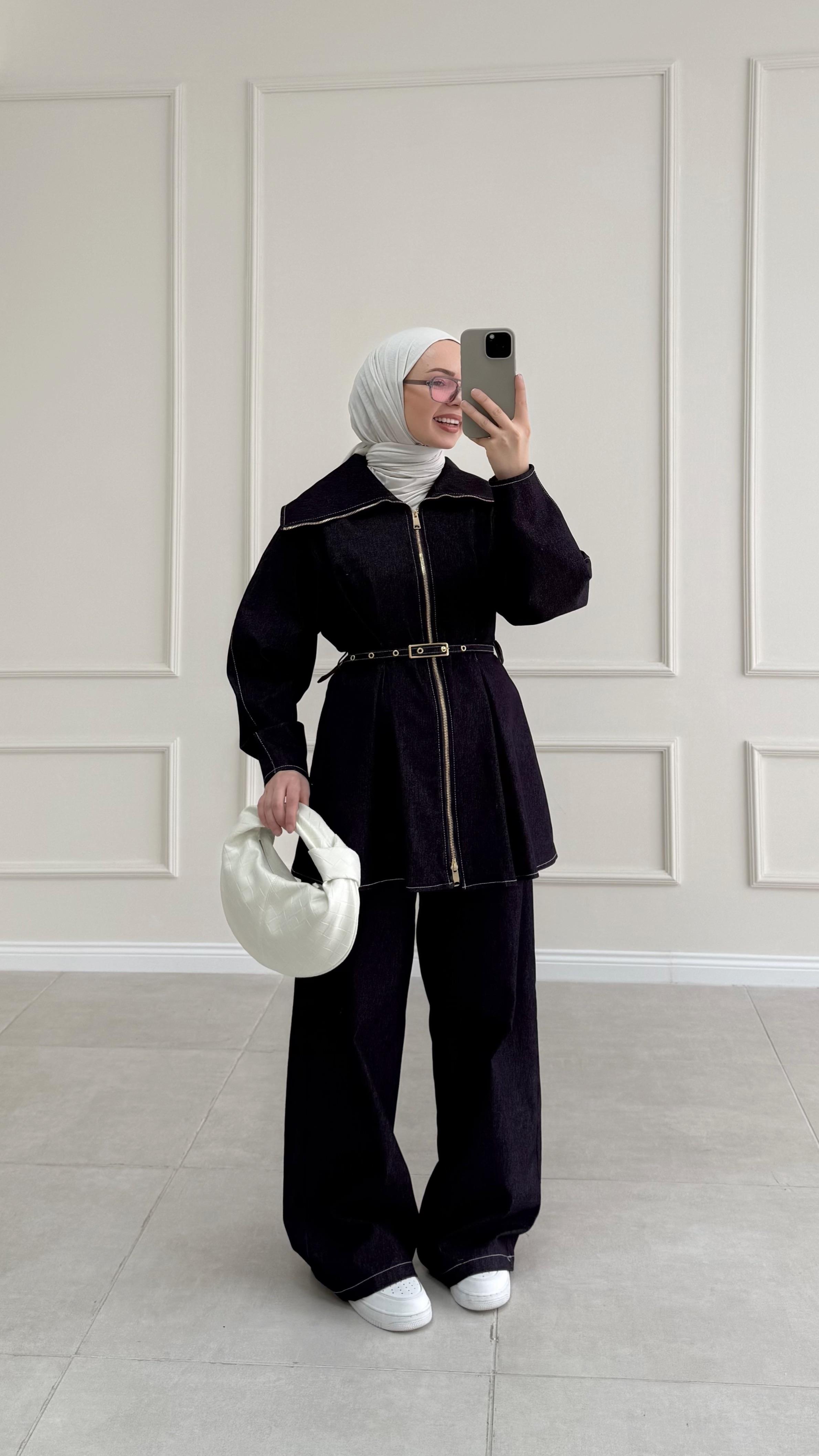 Elisabet Mor Çift Fermuarlı Denim Pantolon Takım