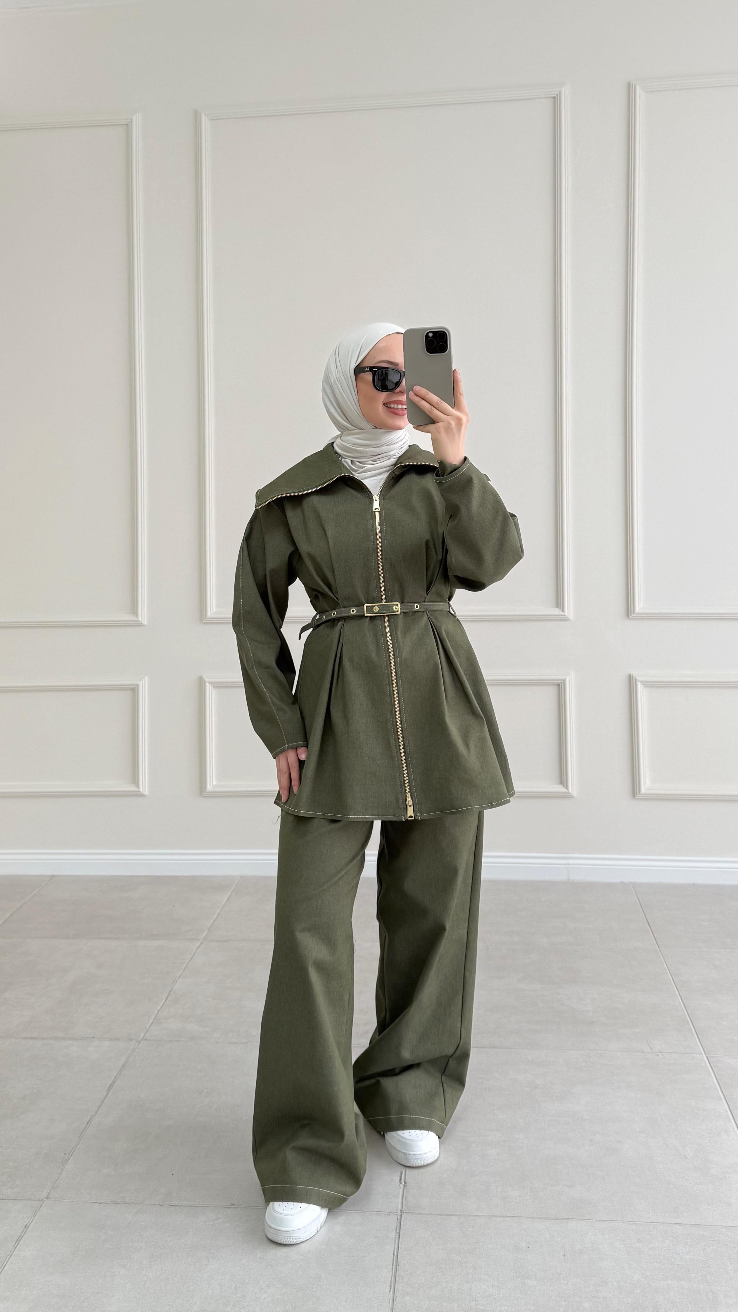 Elisabet Yeşil Çift Fermuarlı Denim Pantolon Takım