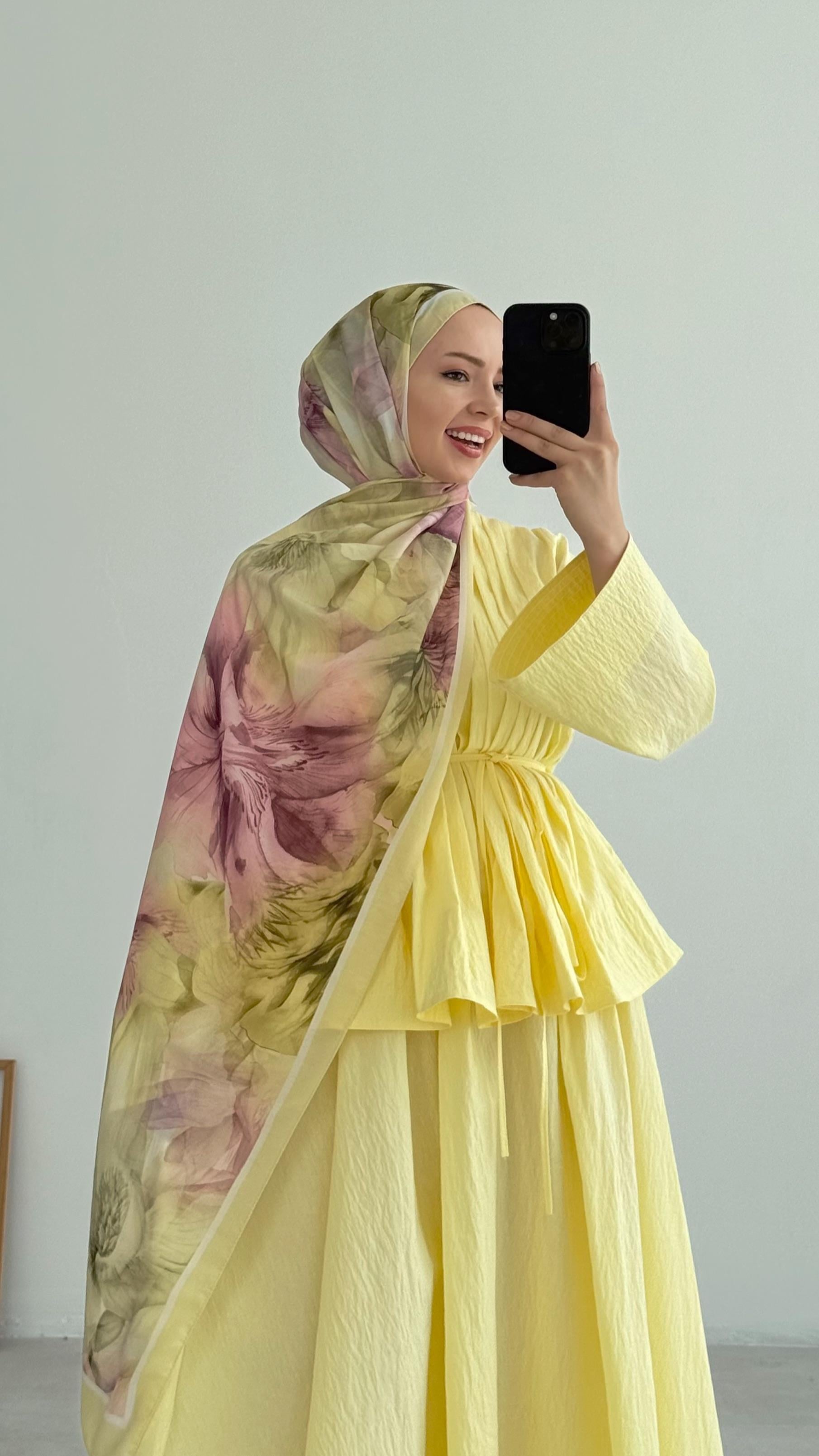 Elsa Çiçek Desenli İpek Solf Sarı-Pembe Şal