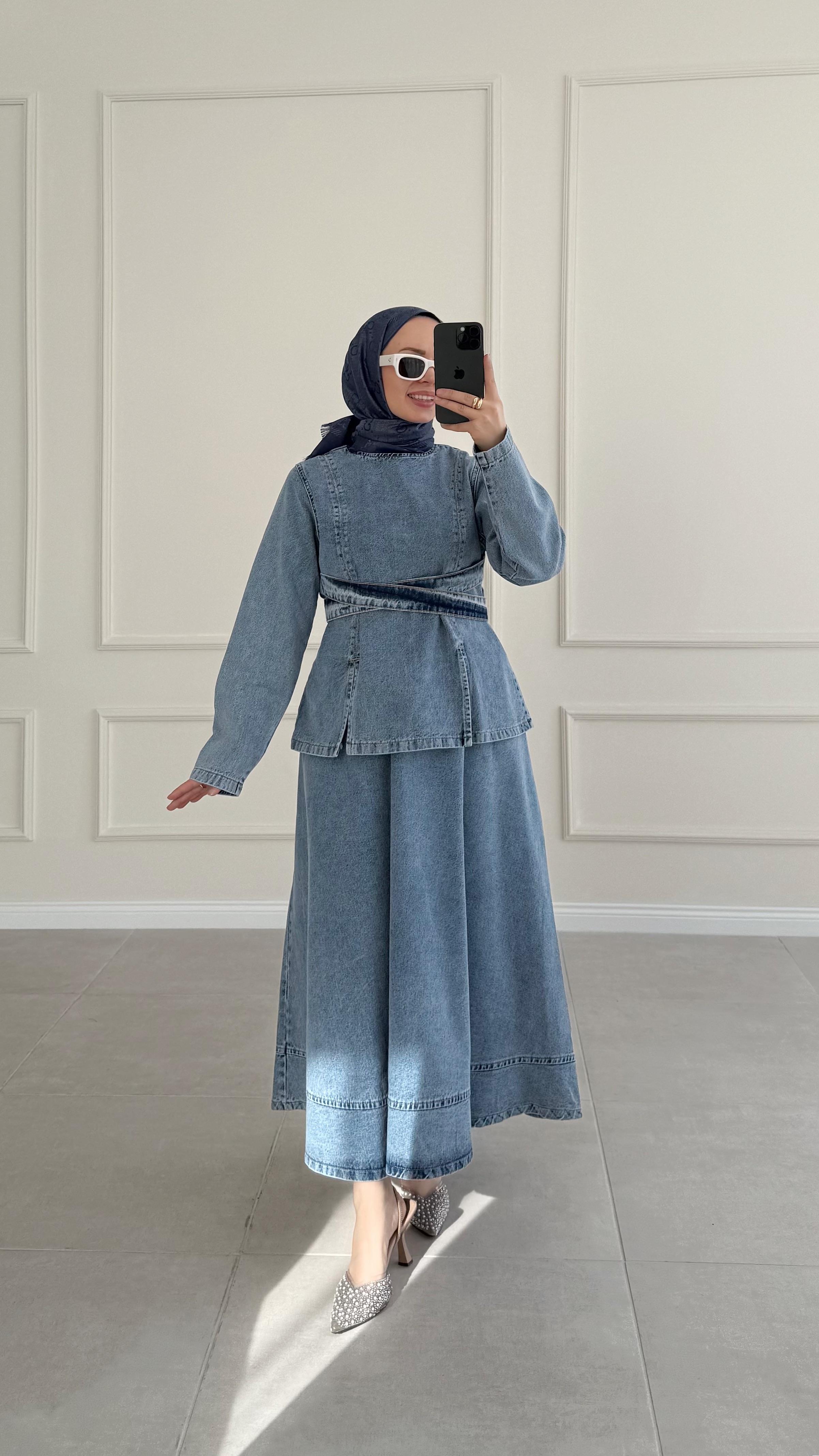 Ersa Belden Bağlama Denim Mavi Takım