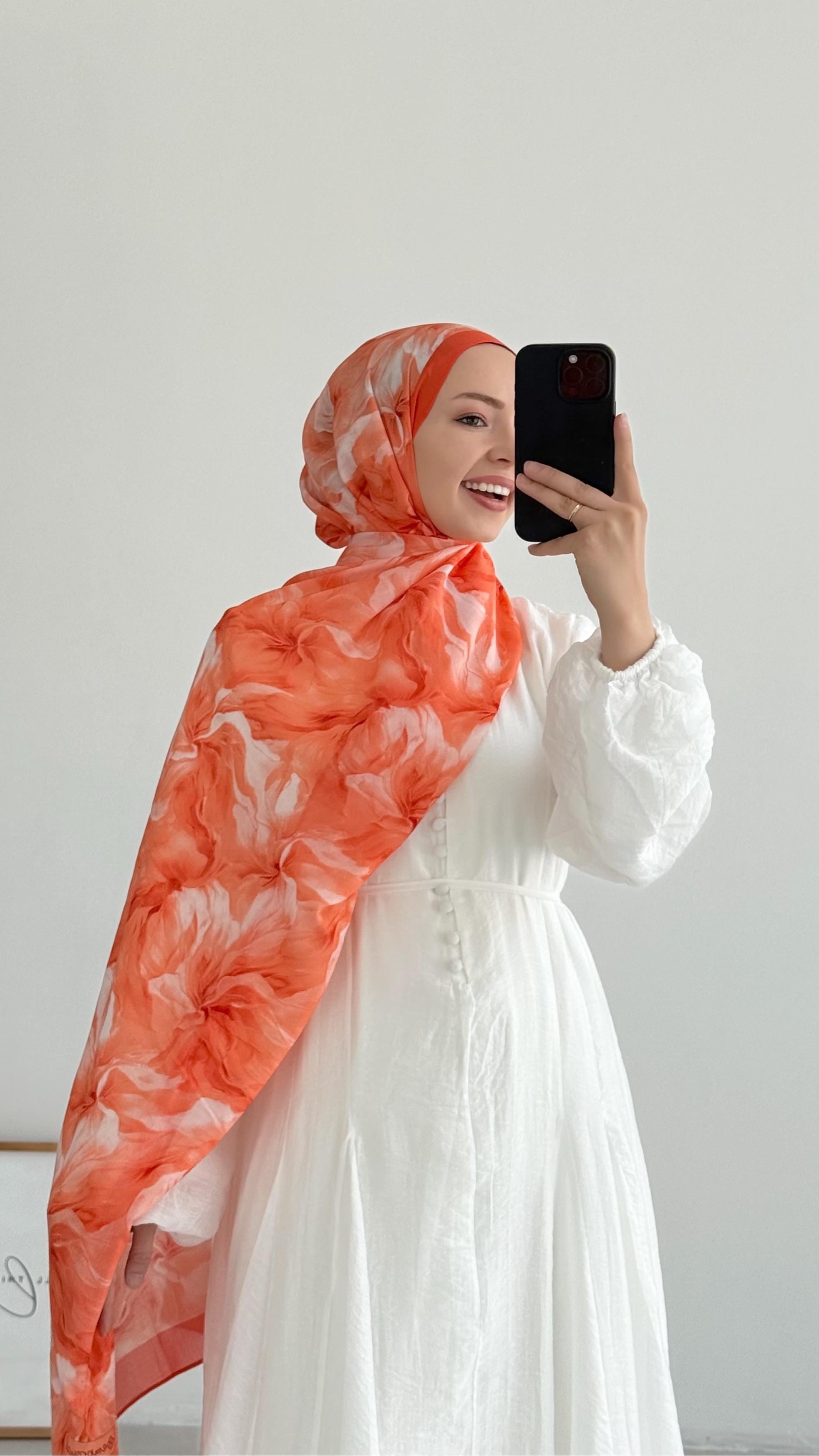 Ersel %100 İpek Turuncu Desenli Şal