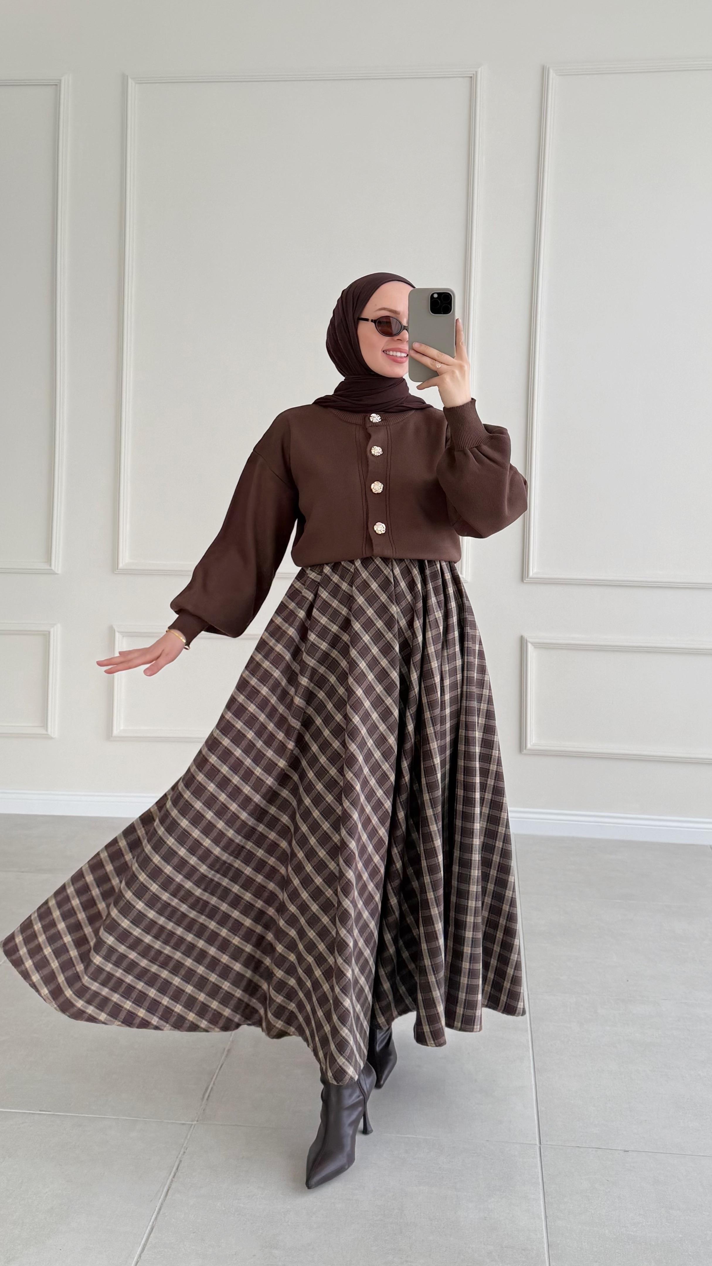 Fanola Kahve-Krem Ekose Etek 