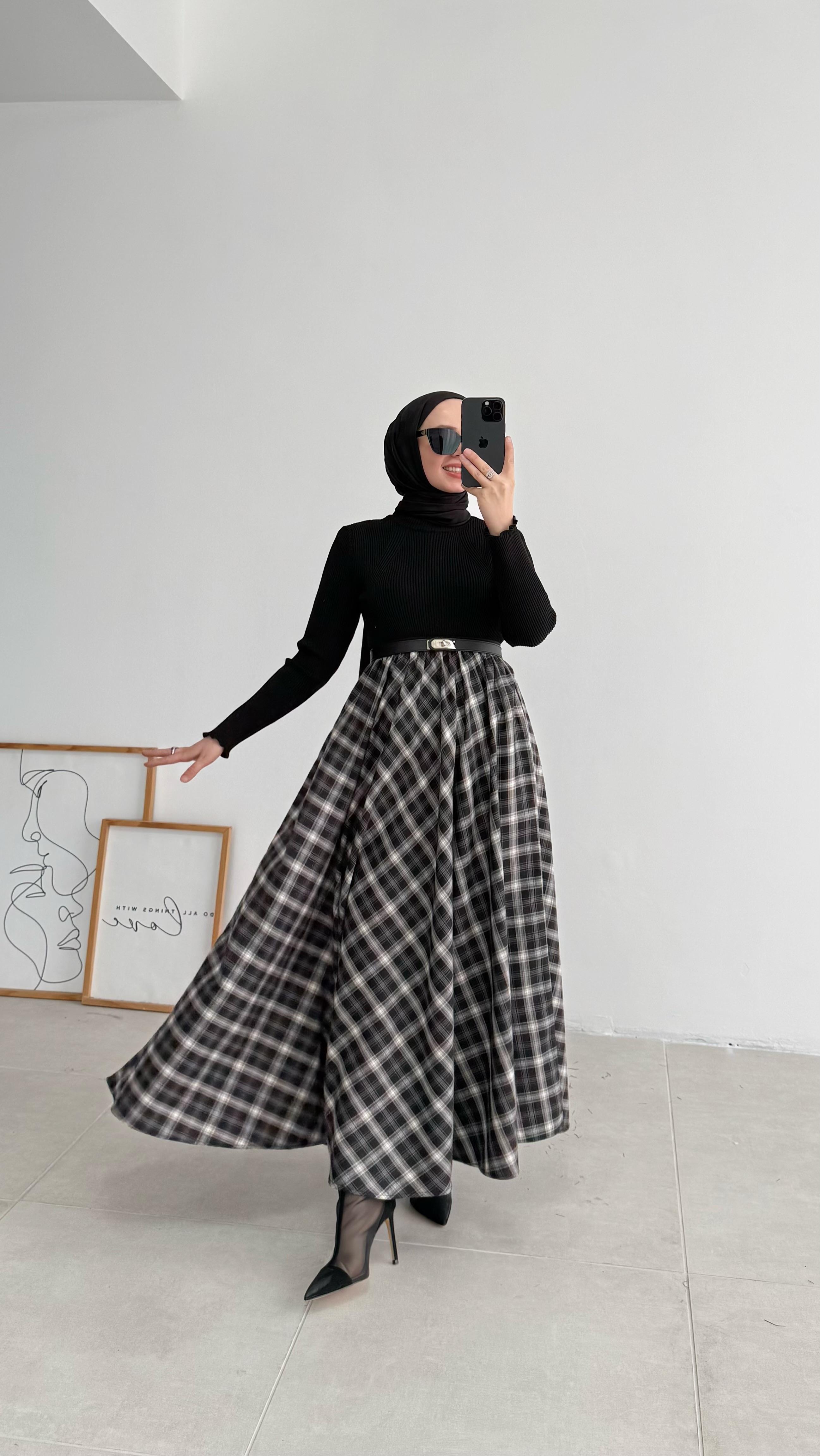 Fanola Siyah-Gri Ekose Etek 