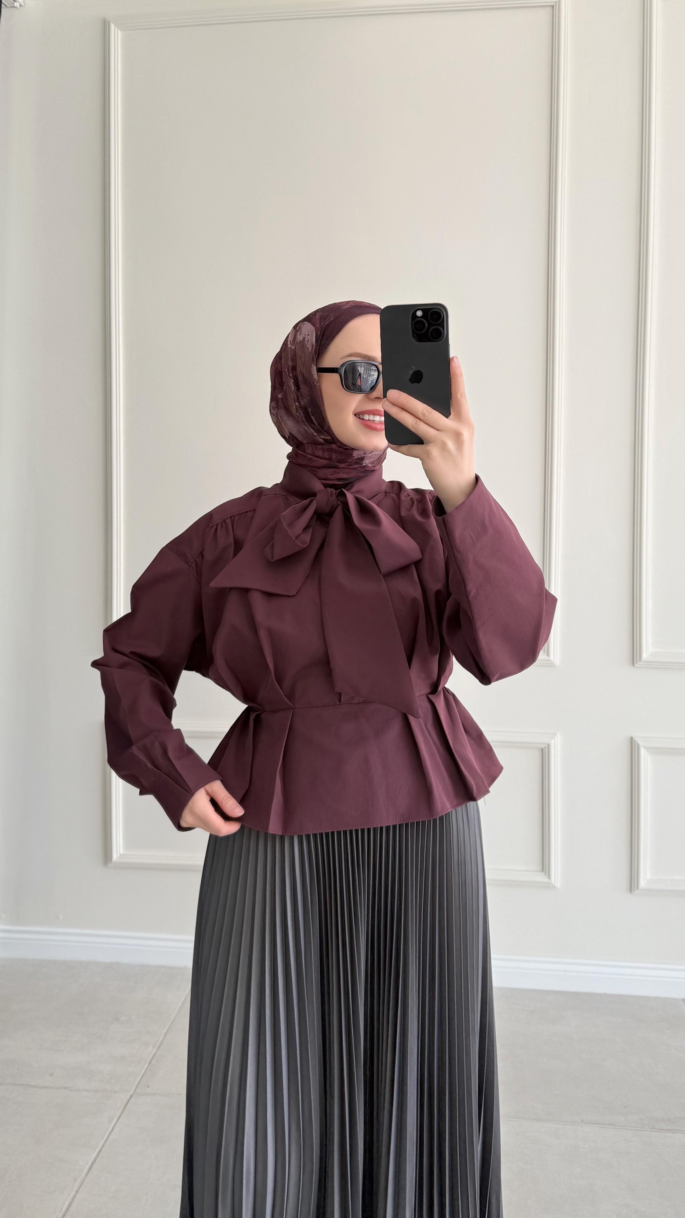 Fashi Bağlamalı Kısa Bordo Gömlek