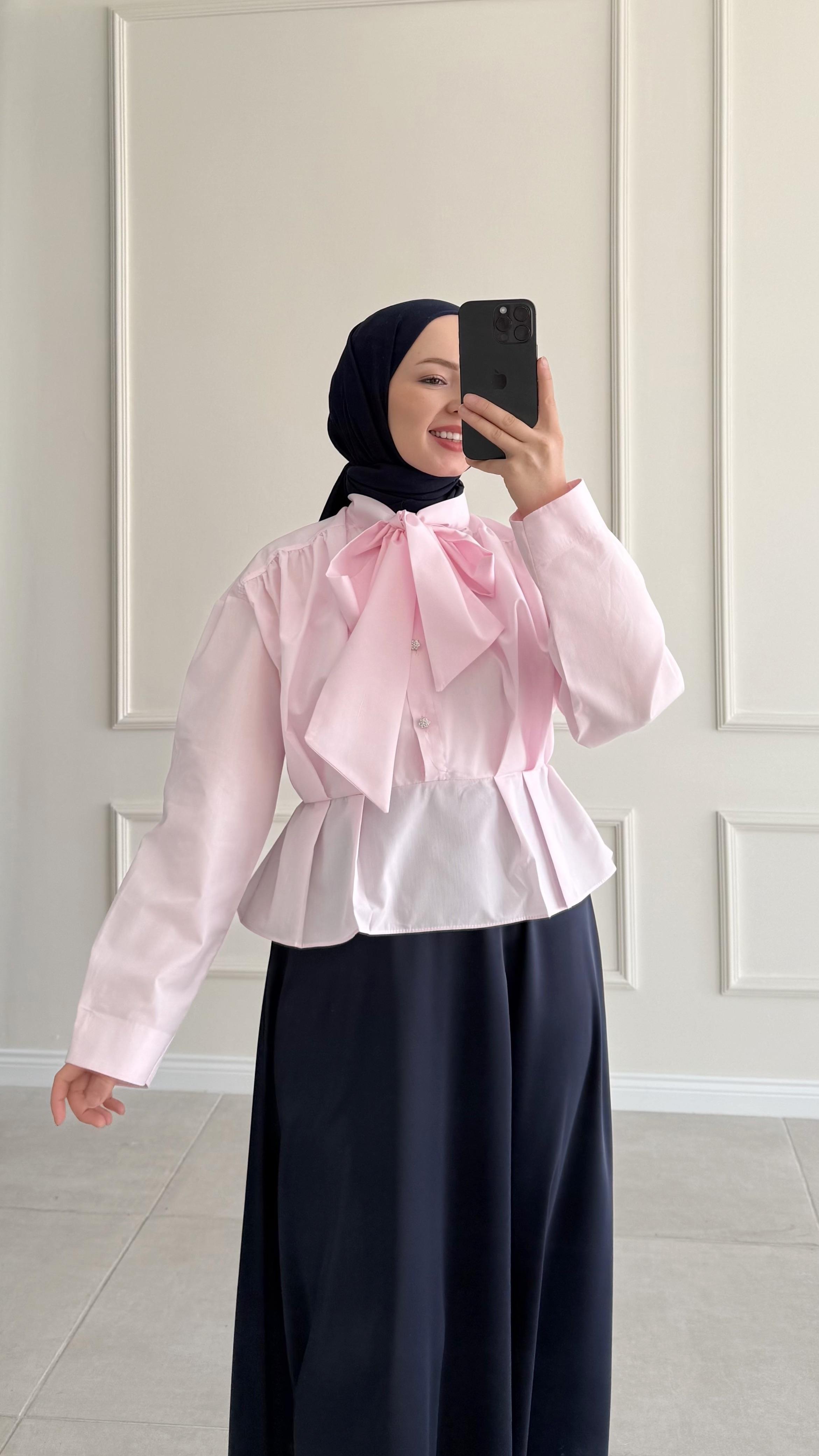 Fashi Bağlamalı Kısa Pembe Gömlek