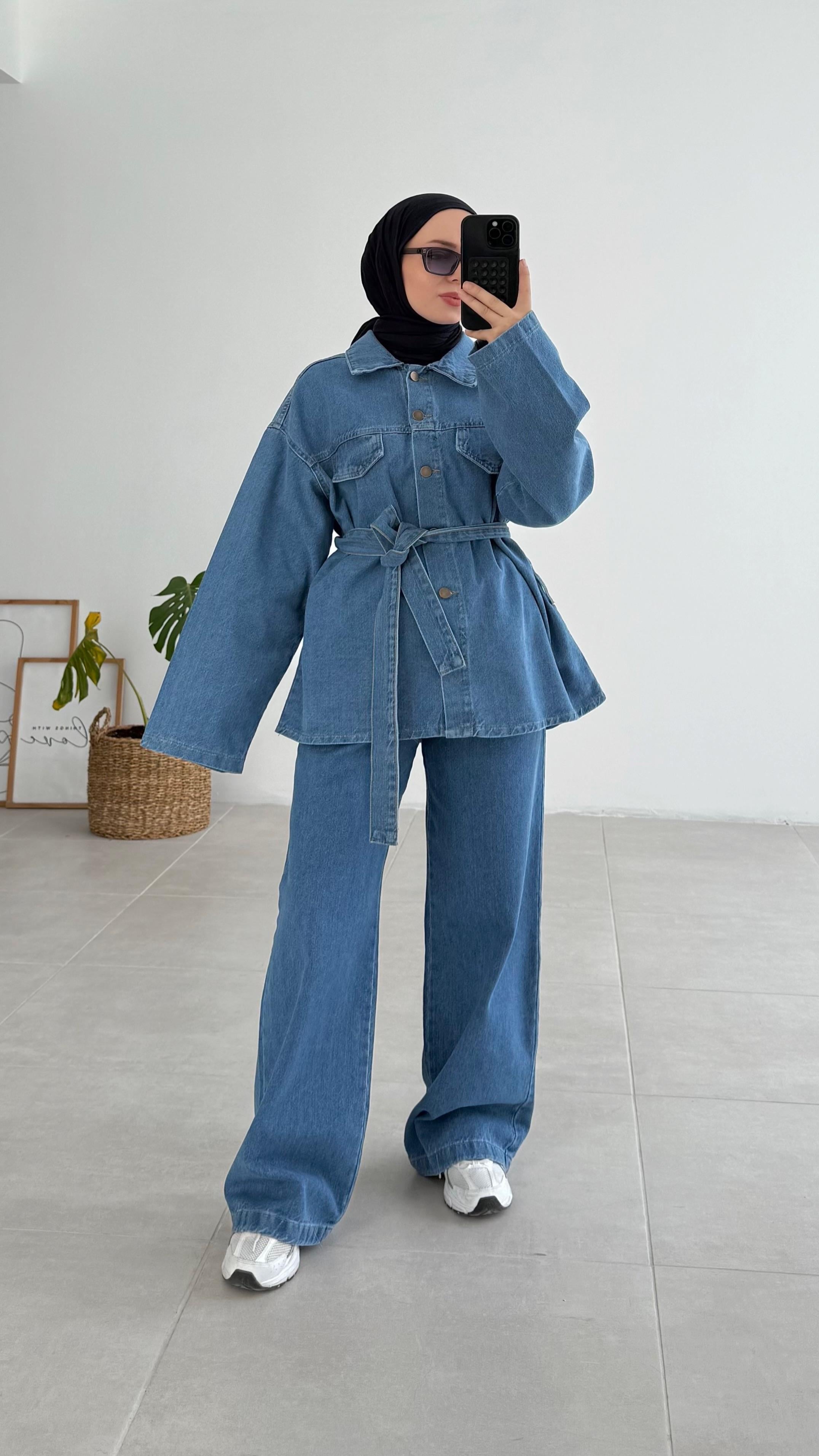 Flow Palazzo Buz Mavi Denim Ceket Takım