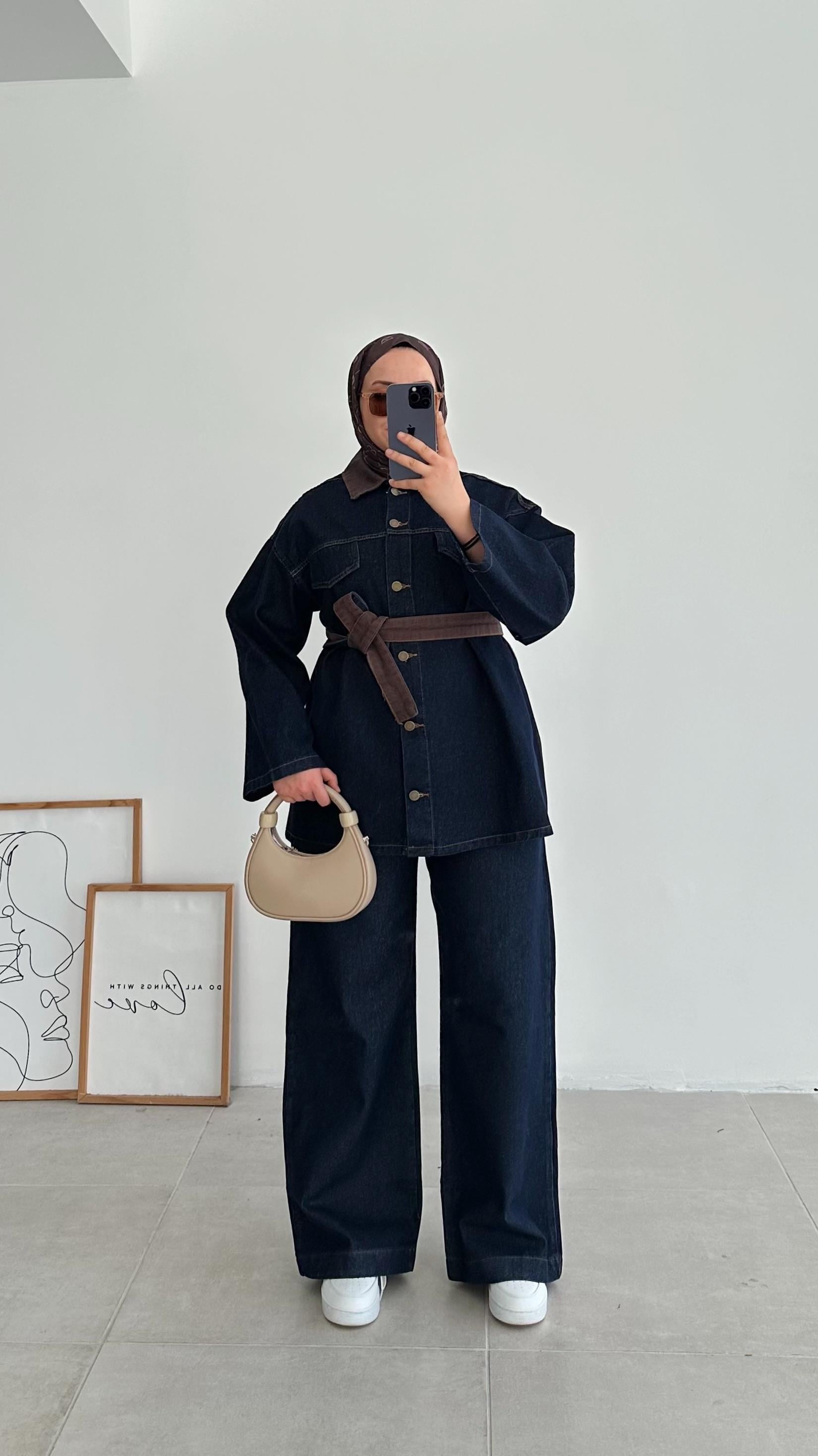 Flow Palazzo Kahve-Lacivert Denim Ceket Takım