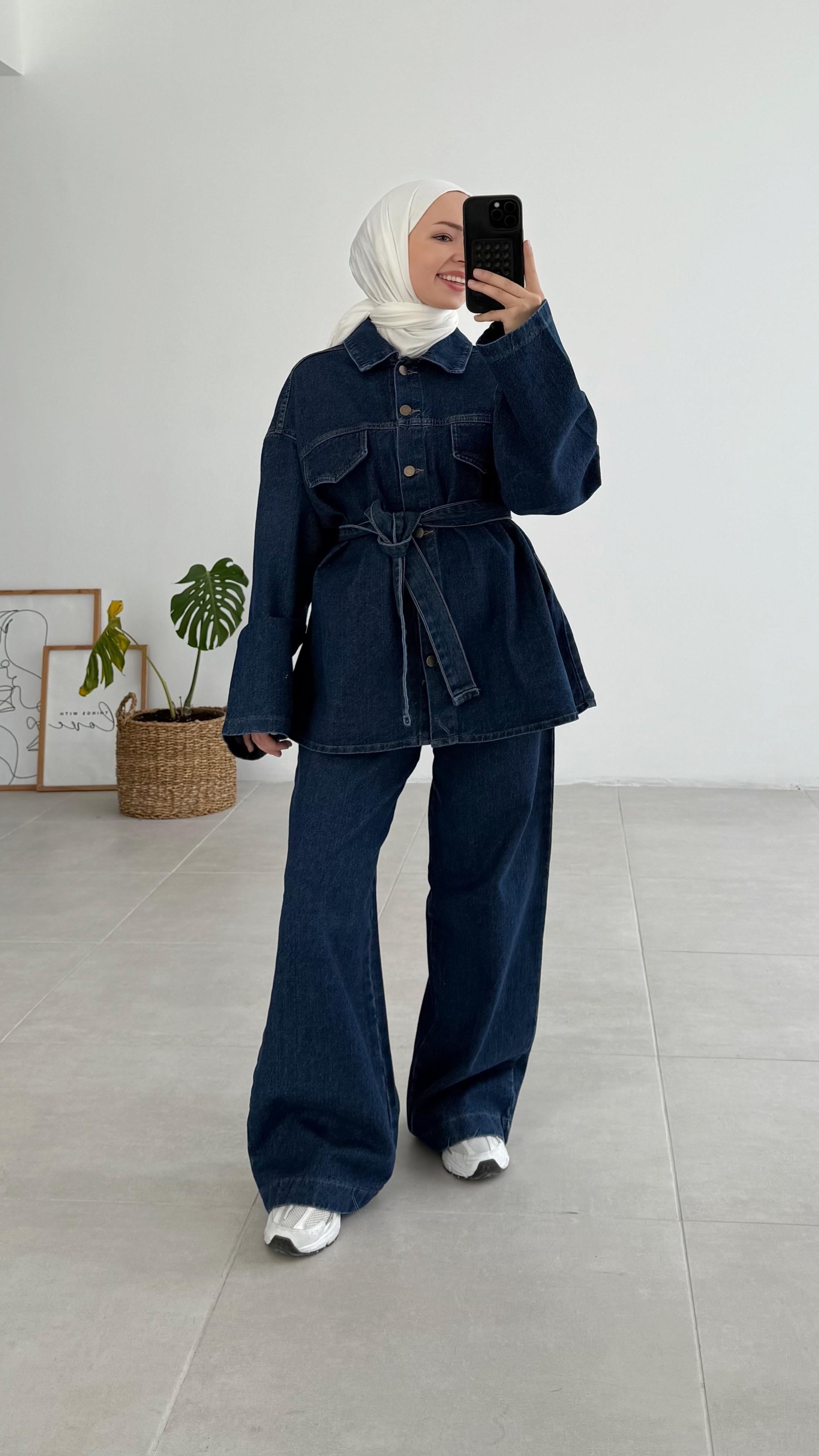 Flow Palazzo Mavi Denim Ceket Takım