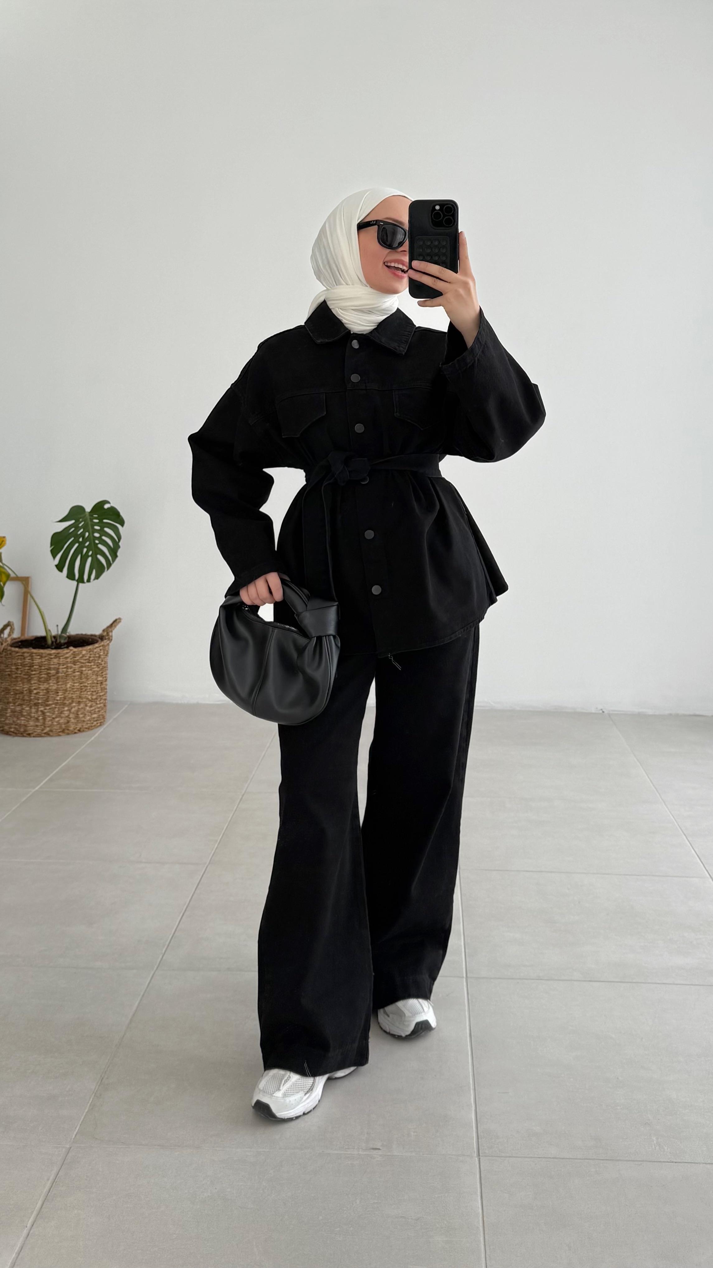 Flow Palazzo Siyah Denim Ceket Takım