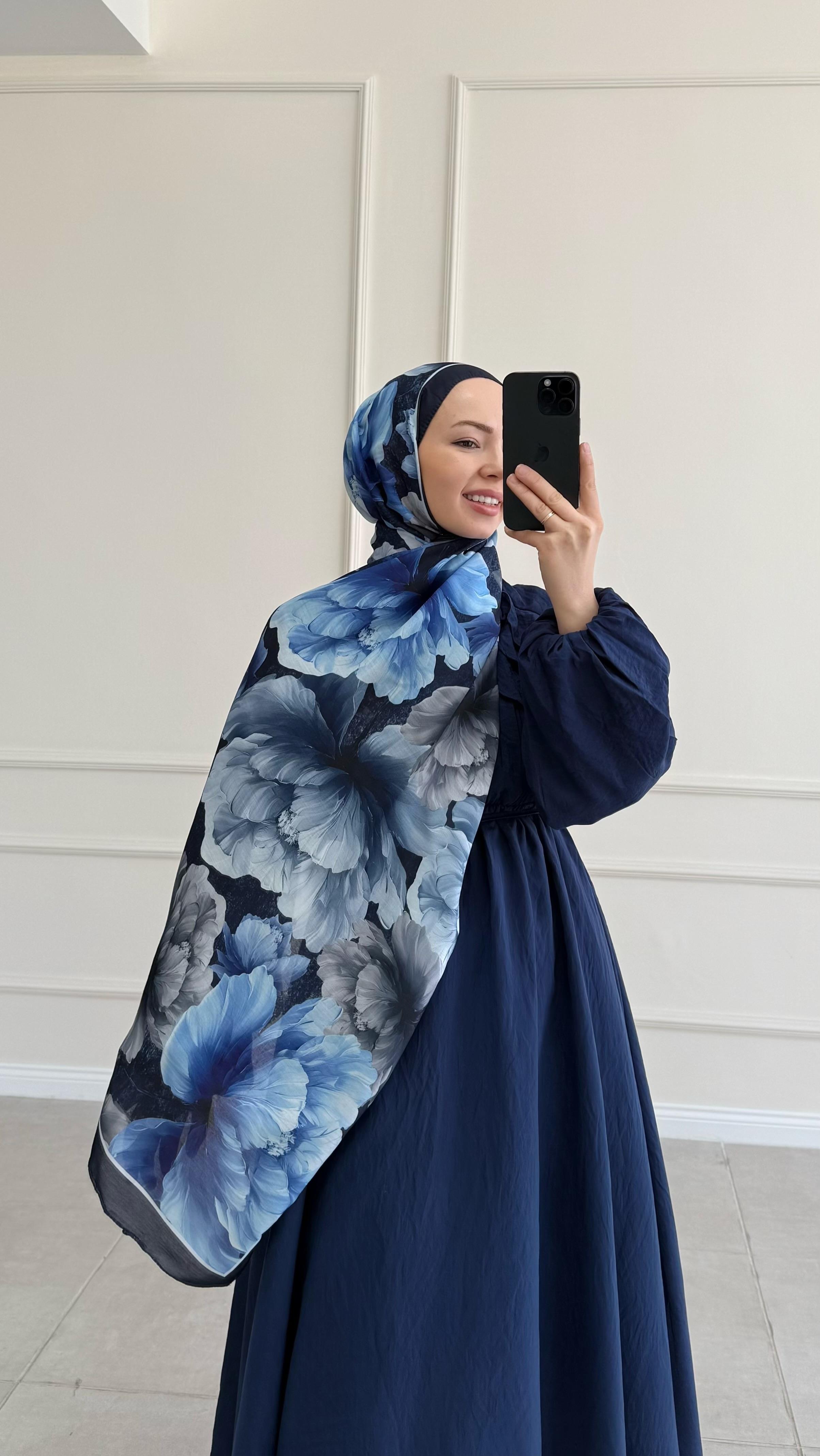 Flower Mavi Desenli Şal