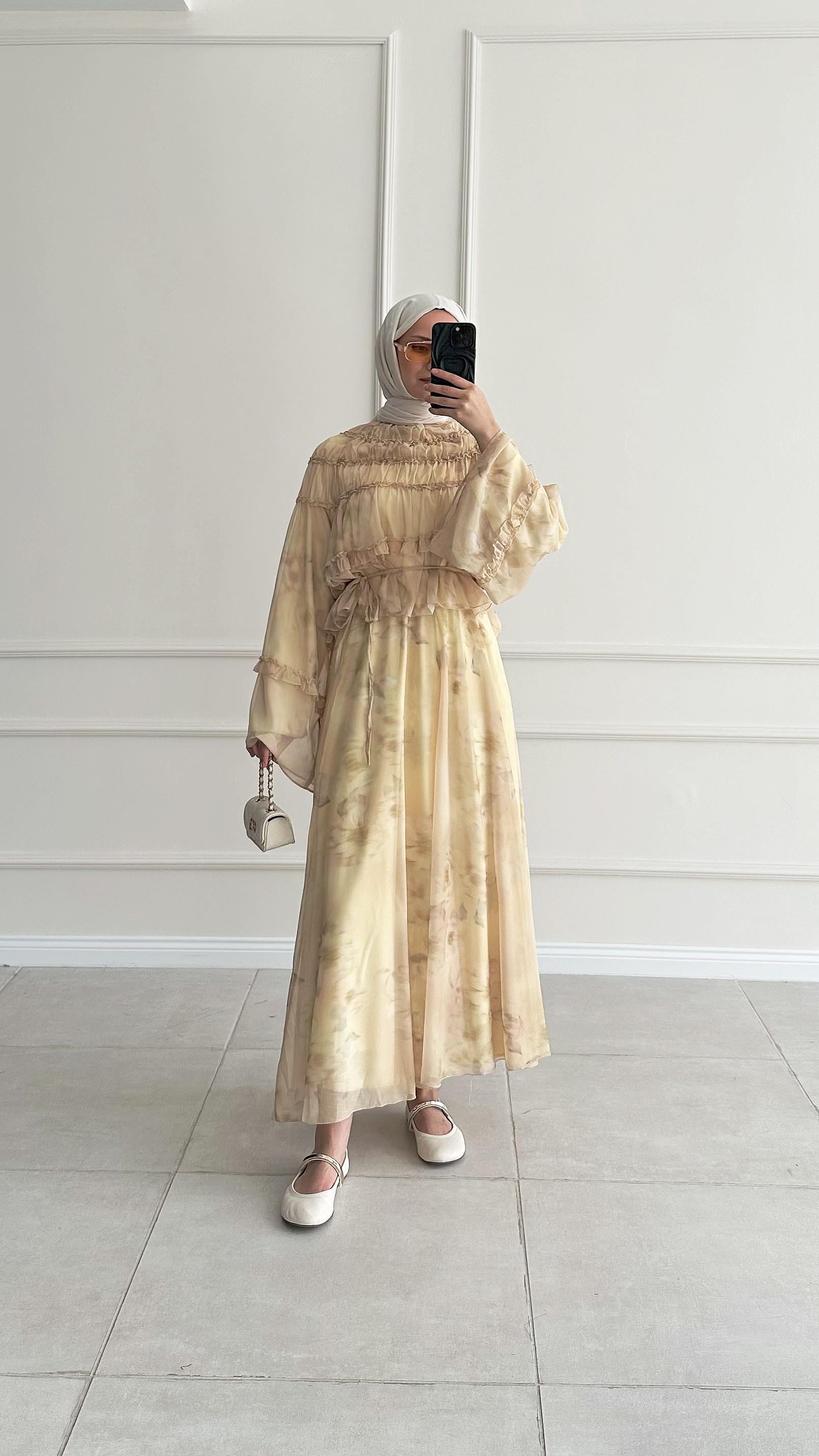 Gianna Gipeli Desenli Şifon Etekli Sarı Takım