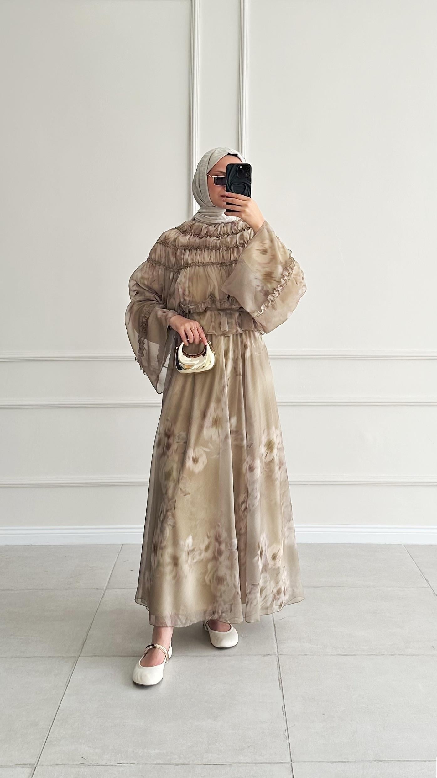 Gianna Gipeli Desenli Şifon Etekli Yeşil Takım