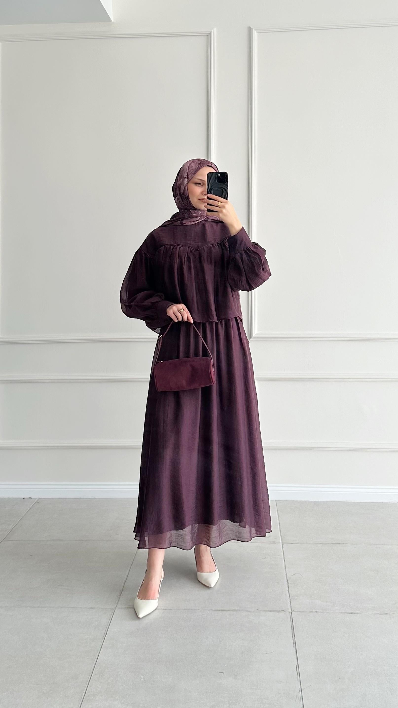 Helena Biye Detaylı Bordo Etekli Takım