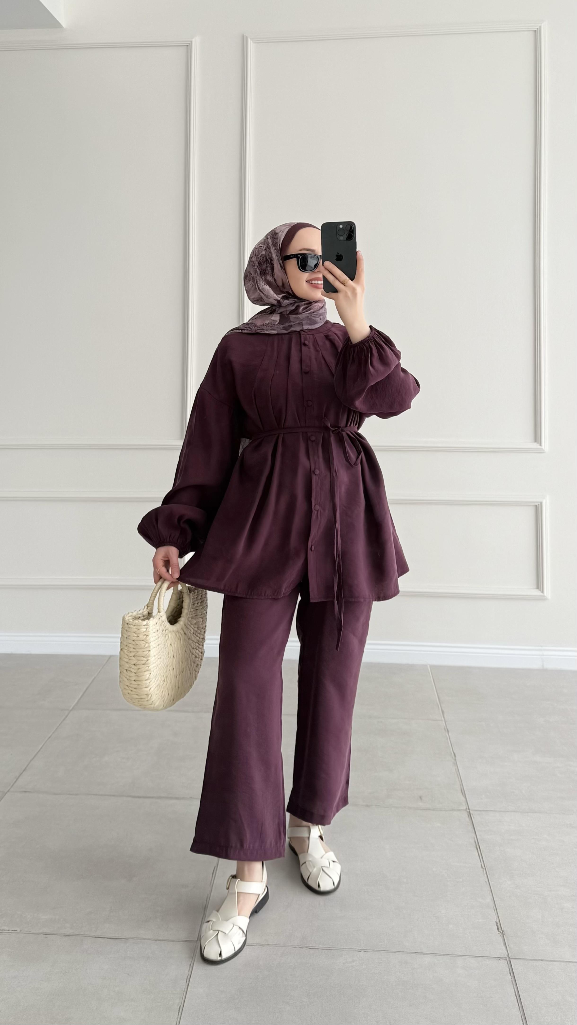 Hira Pile Detaylı Modal Bordo Takım