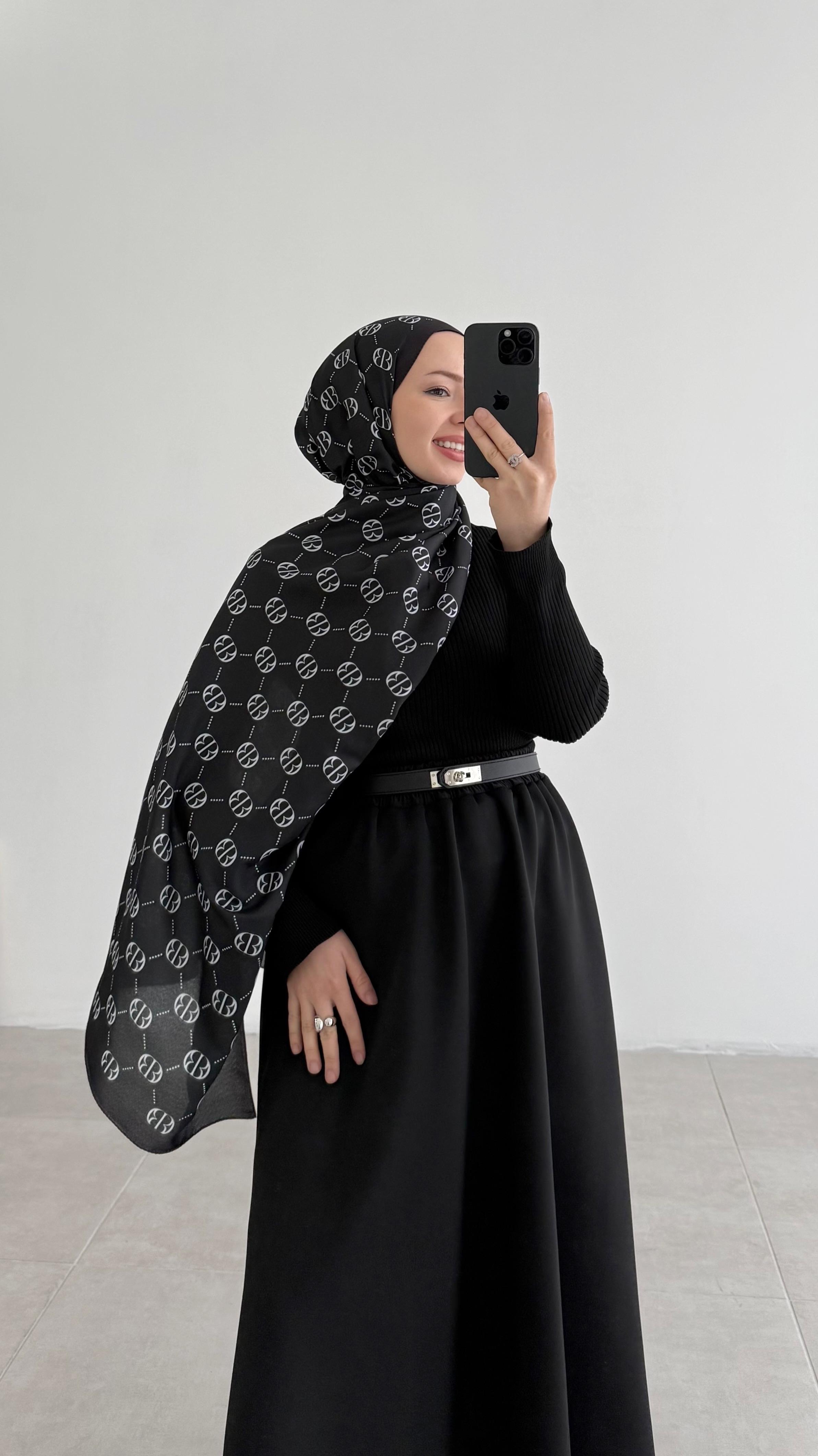 İncira Monogram Floş Siyah Şal 