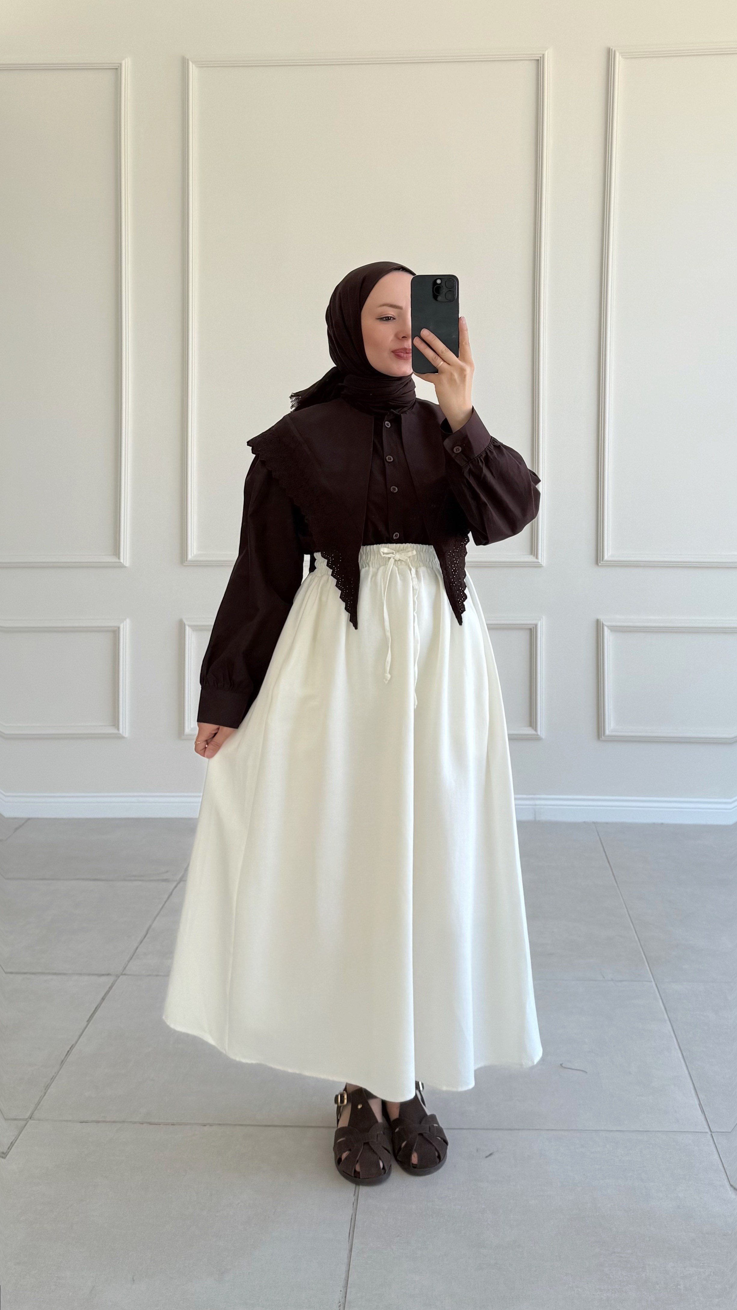 Isabella Keten Lastikli Premıum Ekru Etek