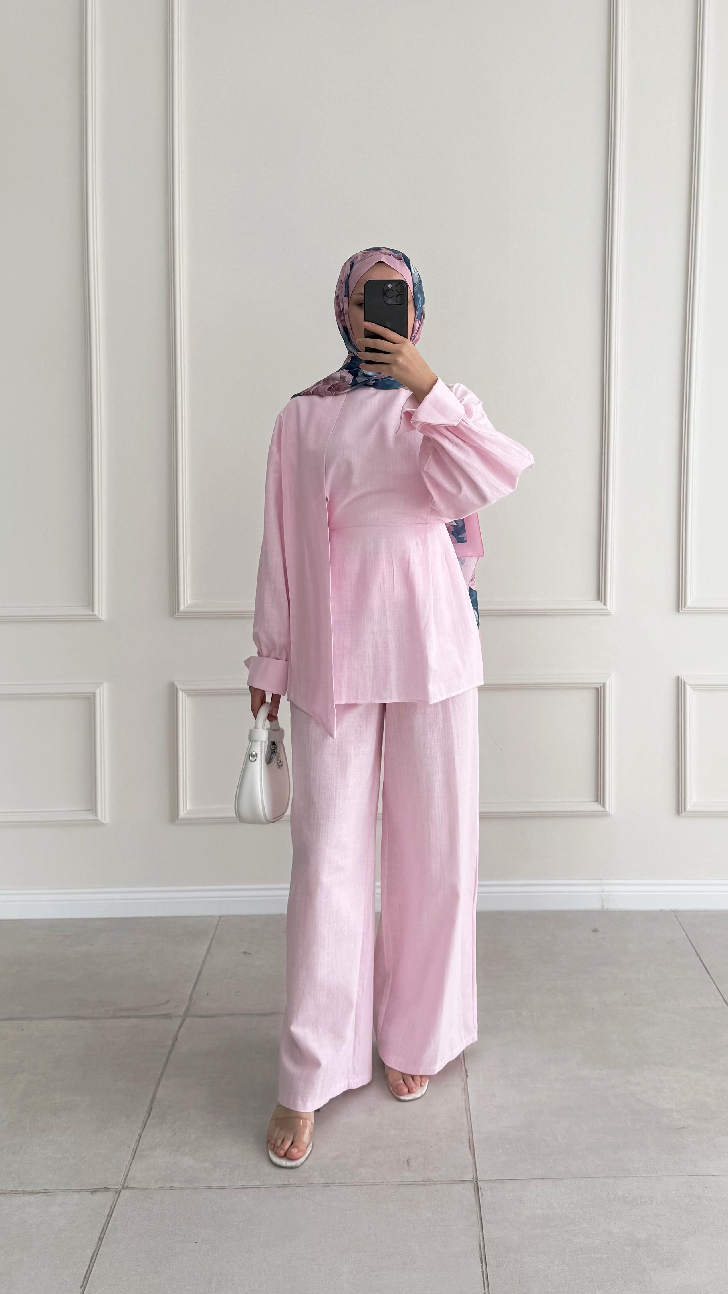 Jessica Şal Detaylı Pembe Keten Takım