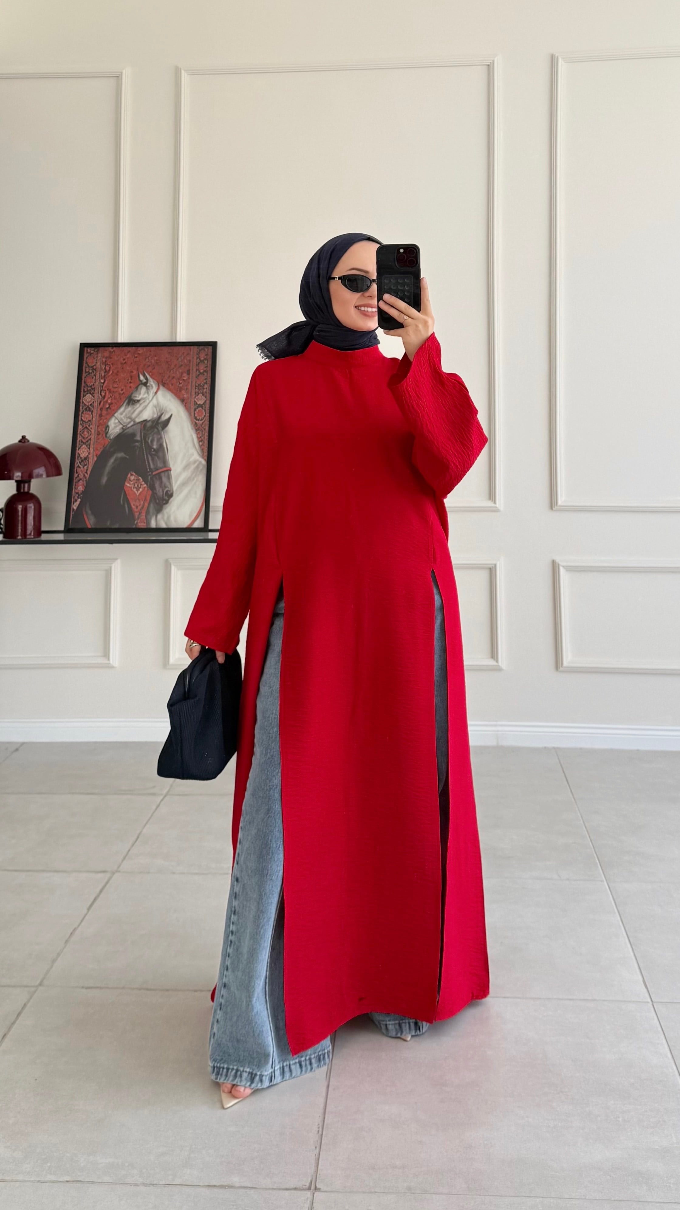 Kamila Oversize Arabic Yırtmaçlı Kırmızı Tunik 