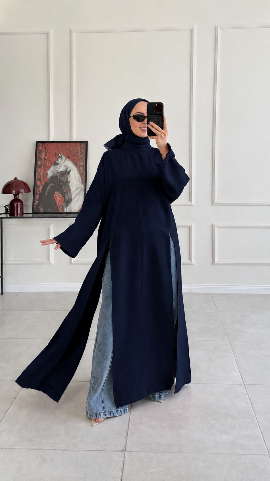 Kamila Oversize Arabic Yırtmaçlı Lacivert Tunik 