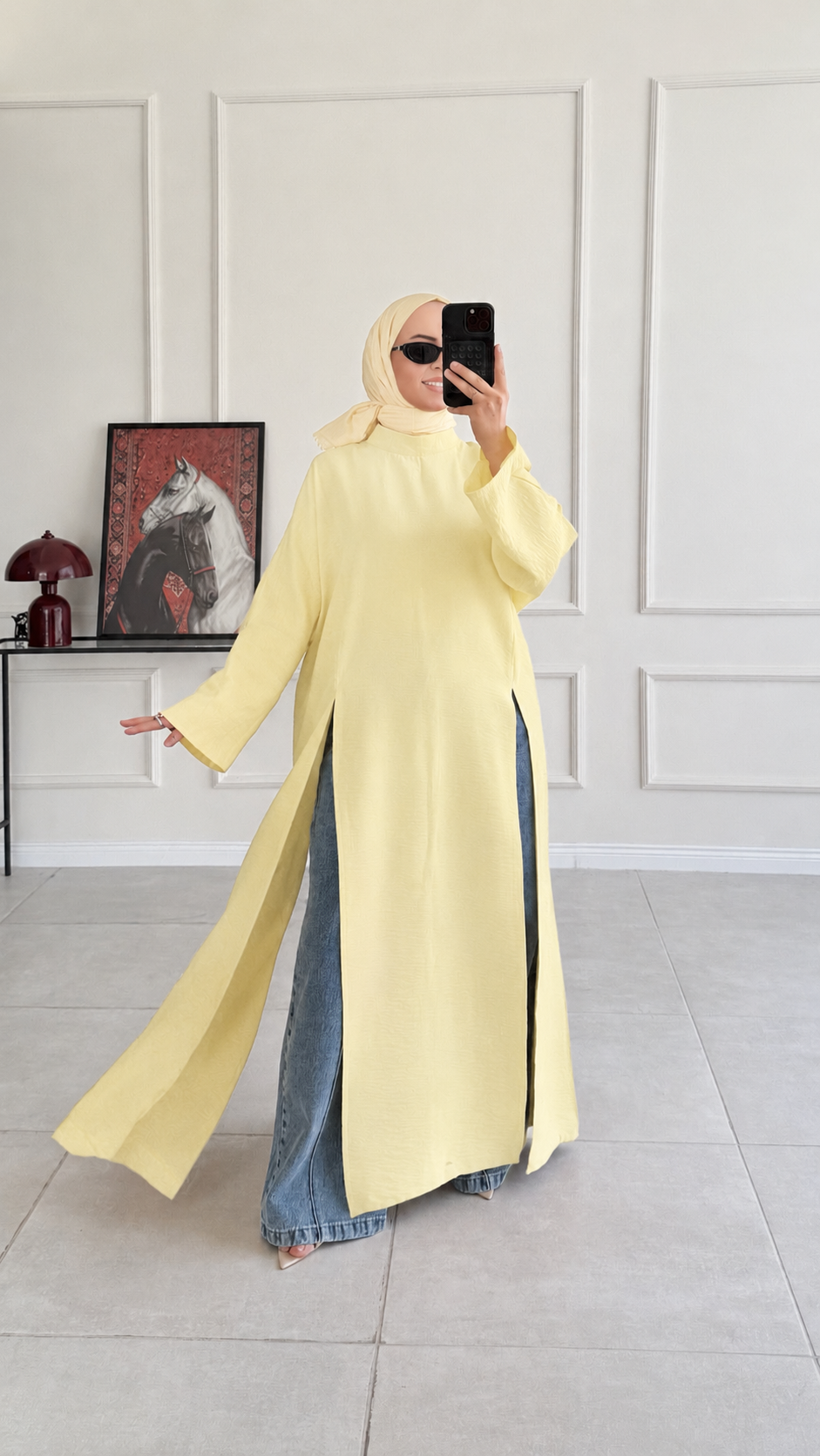 Kamila Oversize Arabic Yırtmaçlı Sarı Tunik 