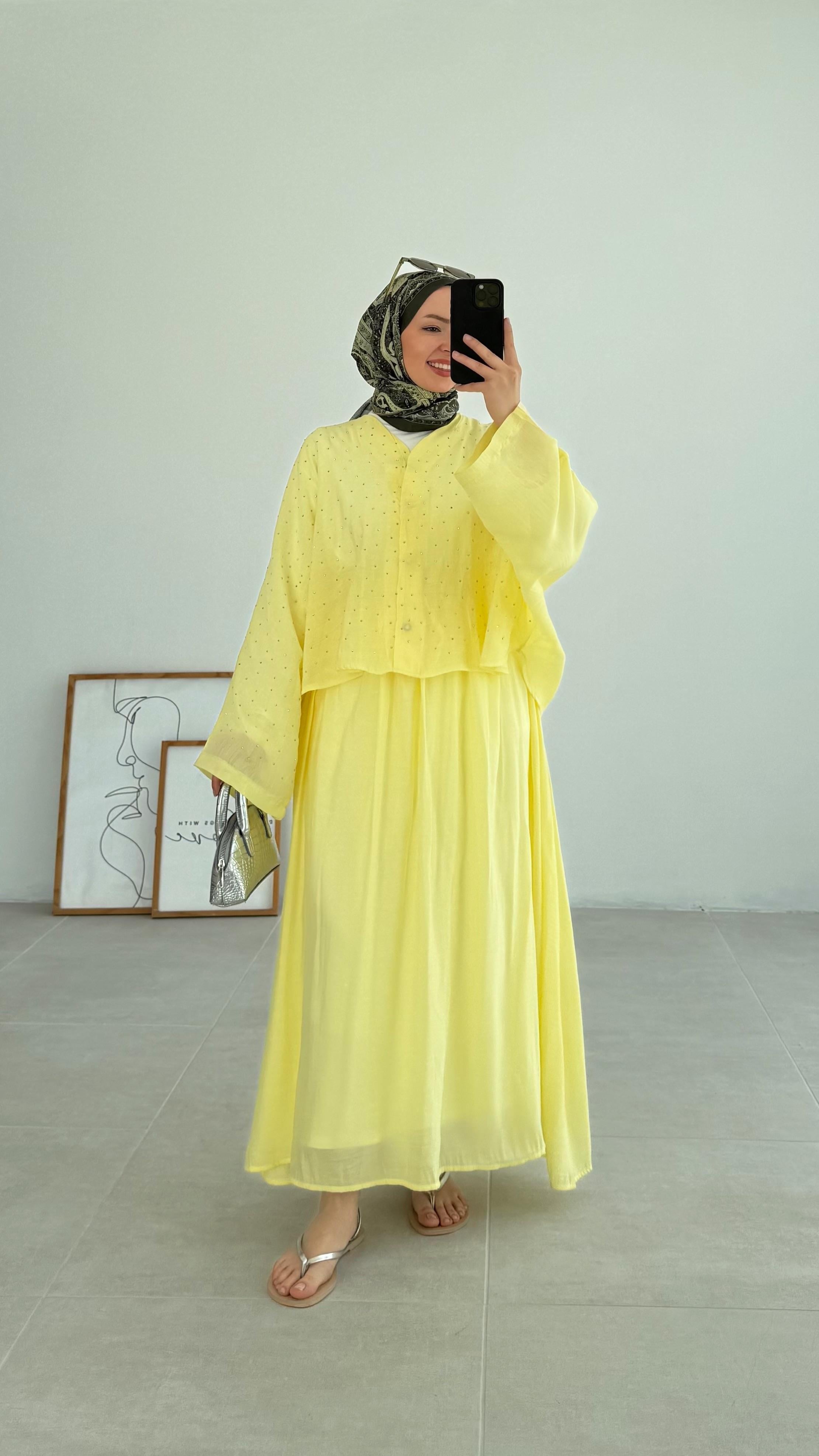 Kanes Pullu Sarı Müslin Takım