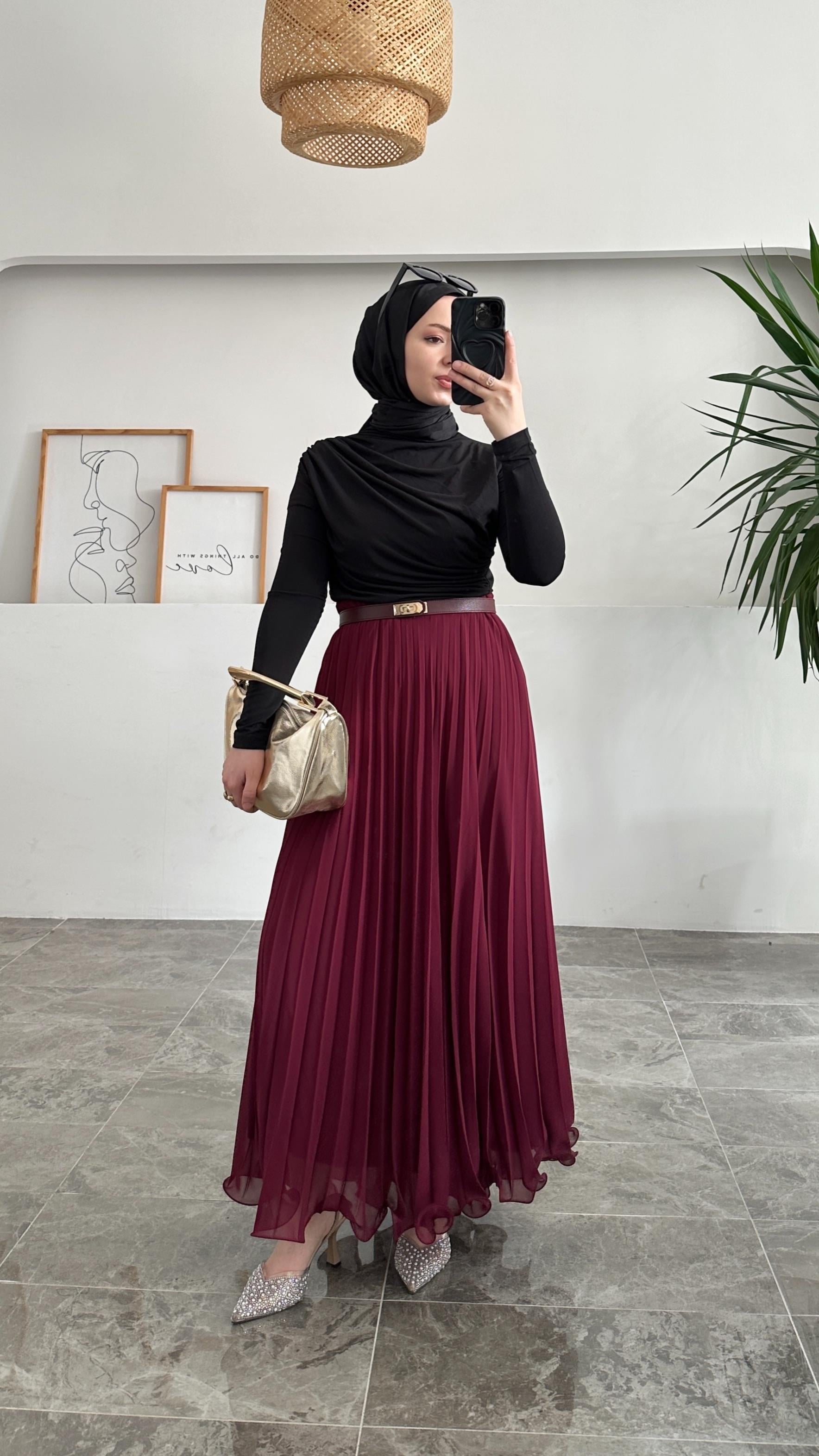 Kaylee Piliseli Şifon Bordo Etek