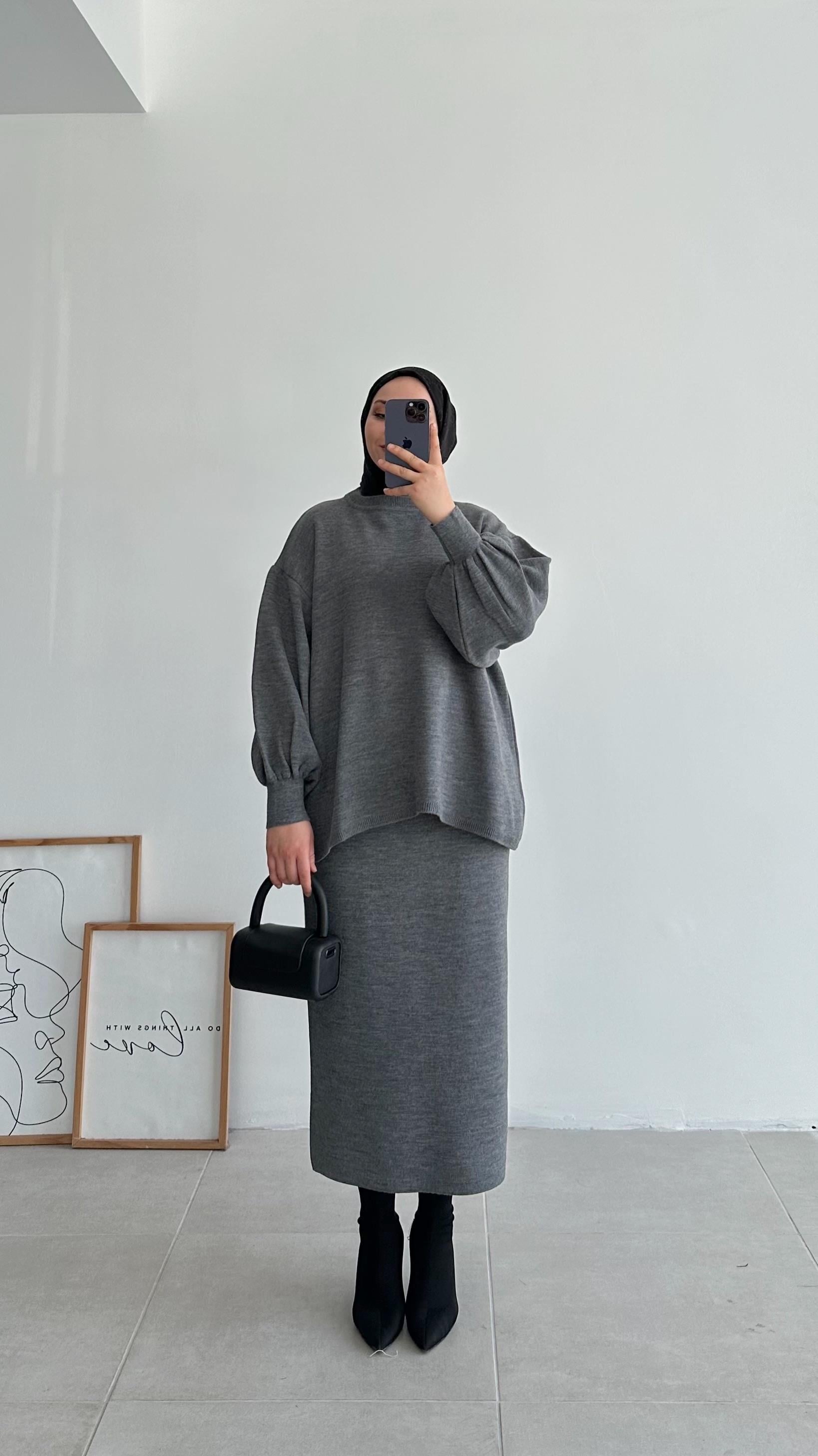 Knit Oversize Gri Etekli Triko Takım 
