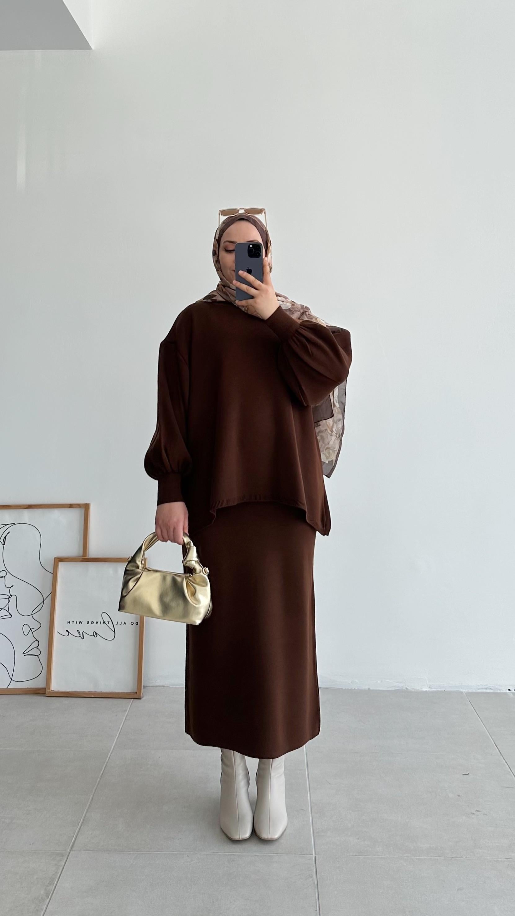 Knit Oversize Kahverengi Etekli Triko Takım 