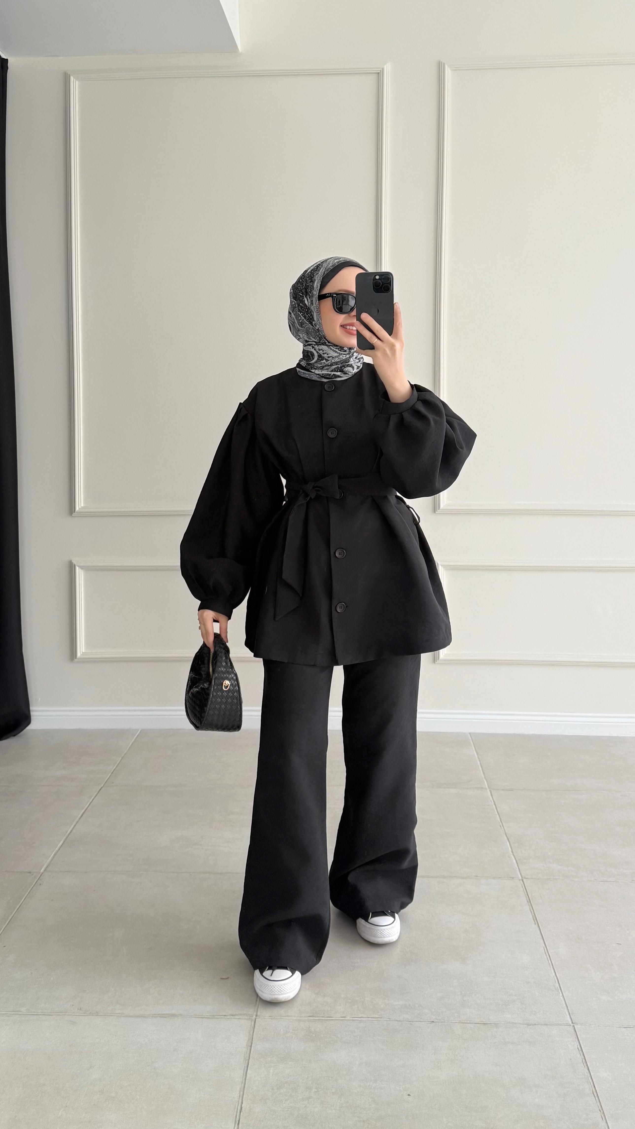 Lavend Siyah Gabardin Balon Kol Takım