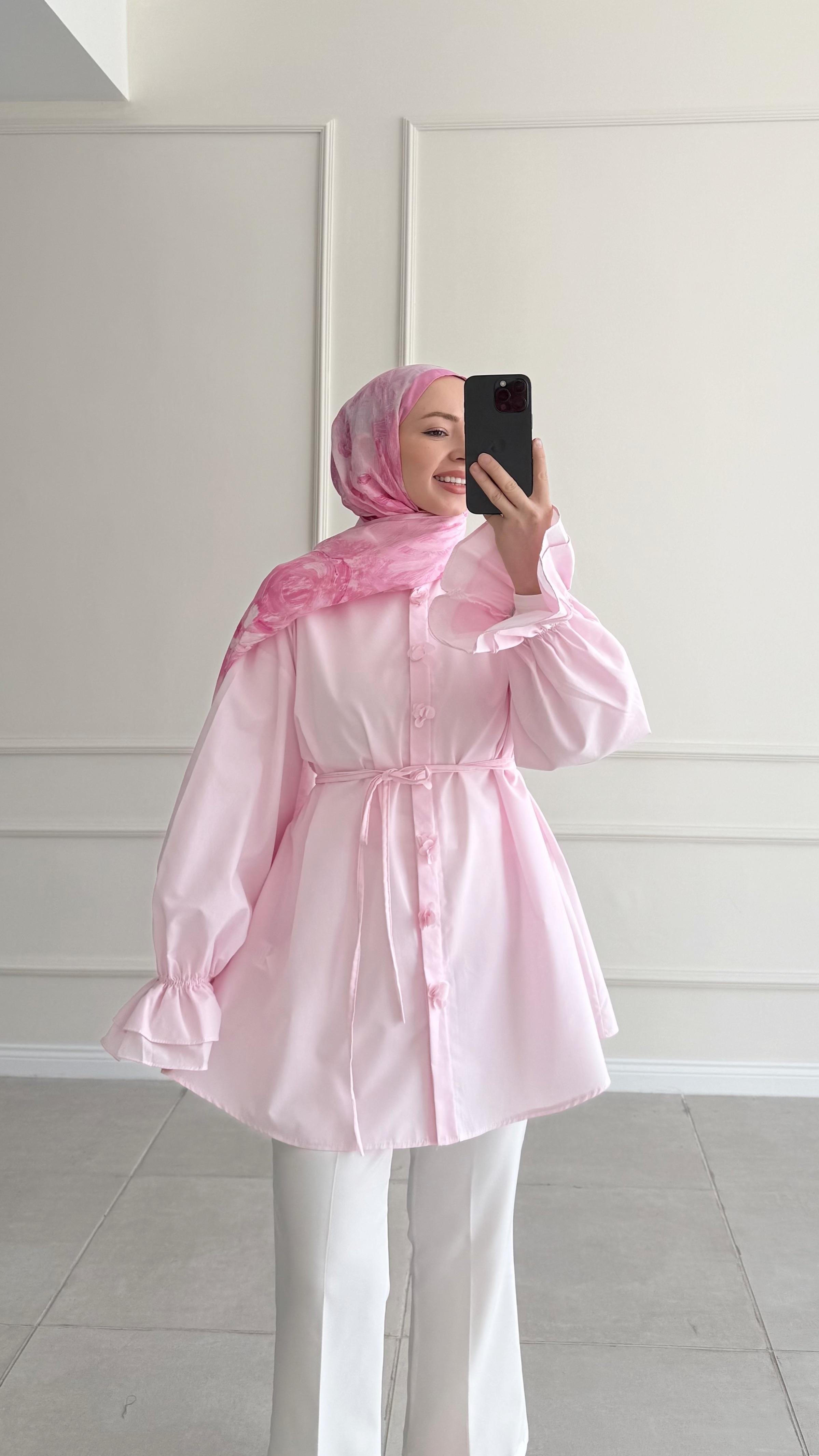 Lavin Kolları Fırfırlı Pembe Gömlek