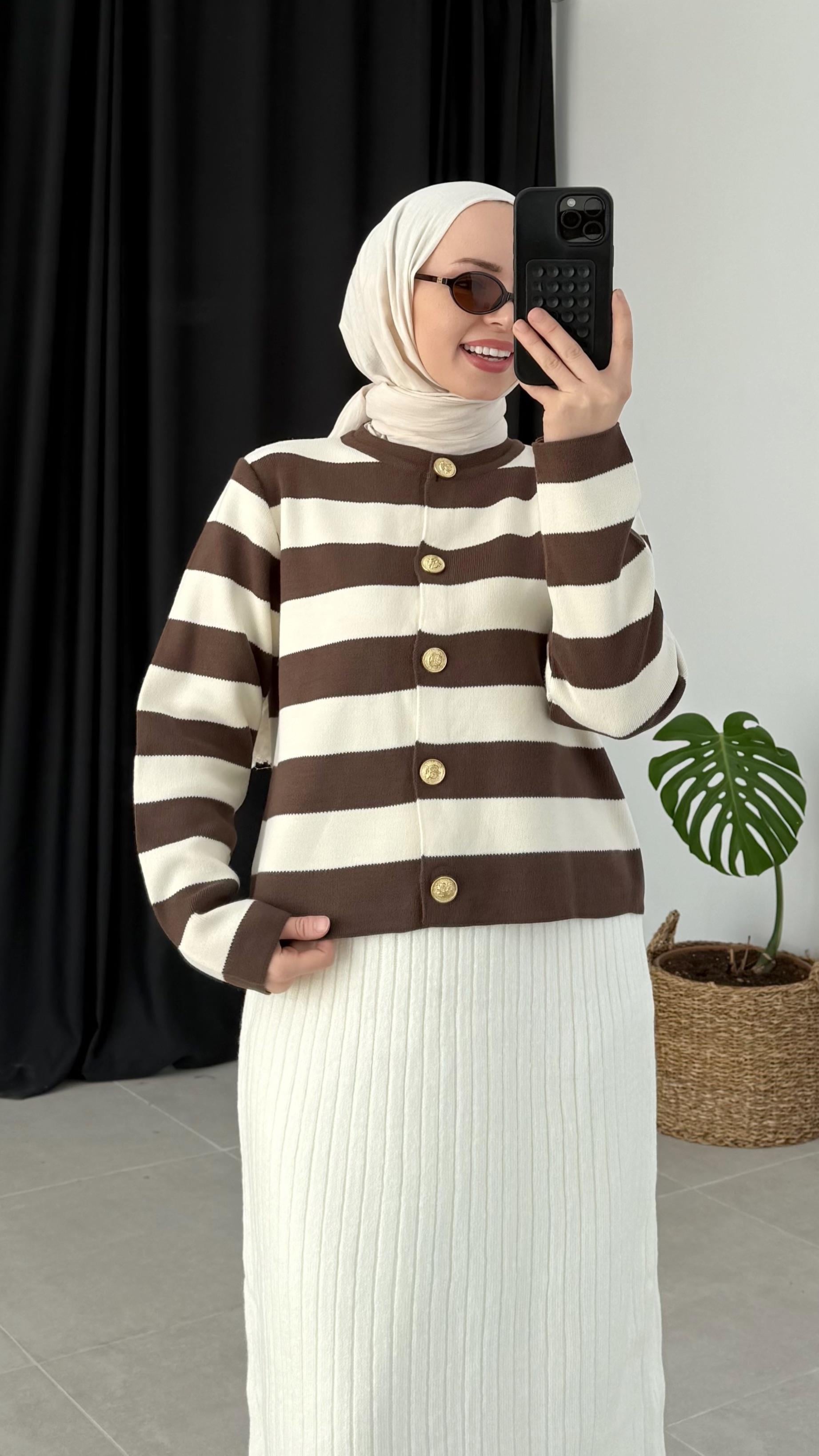 Leidy Kahverengi Zara Model Çizgili Kısa Triko Hırka (2796)