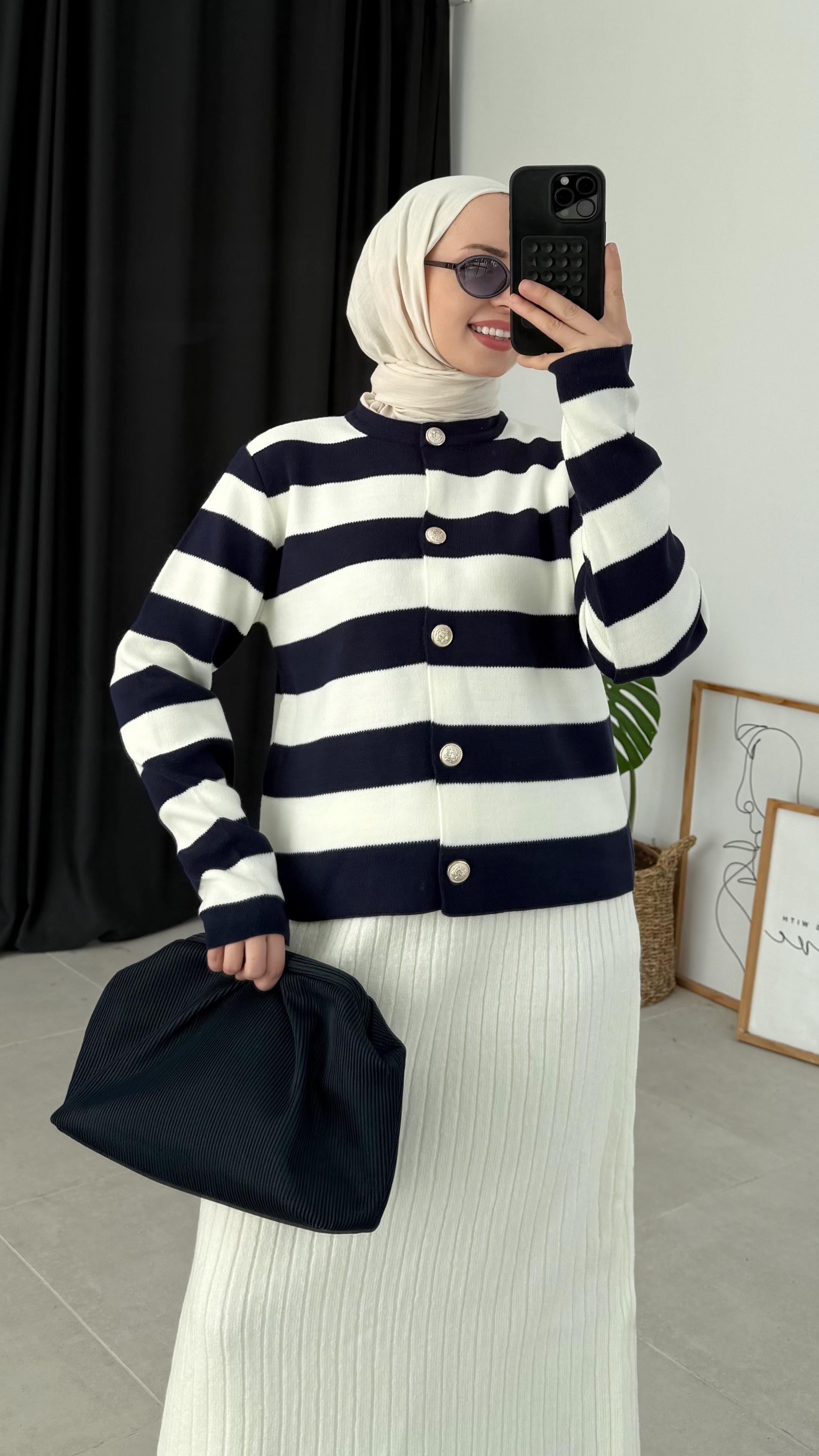 Leidy Lacivert Zara Model Çizgili Kısa Triko Hırka (2796)