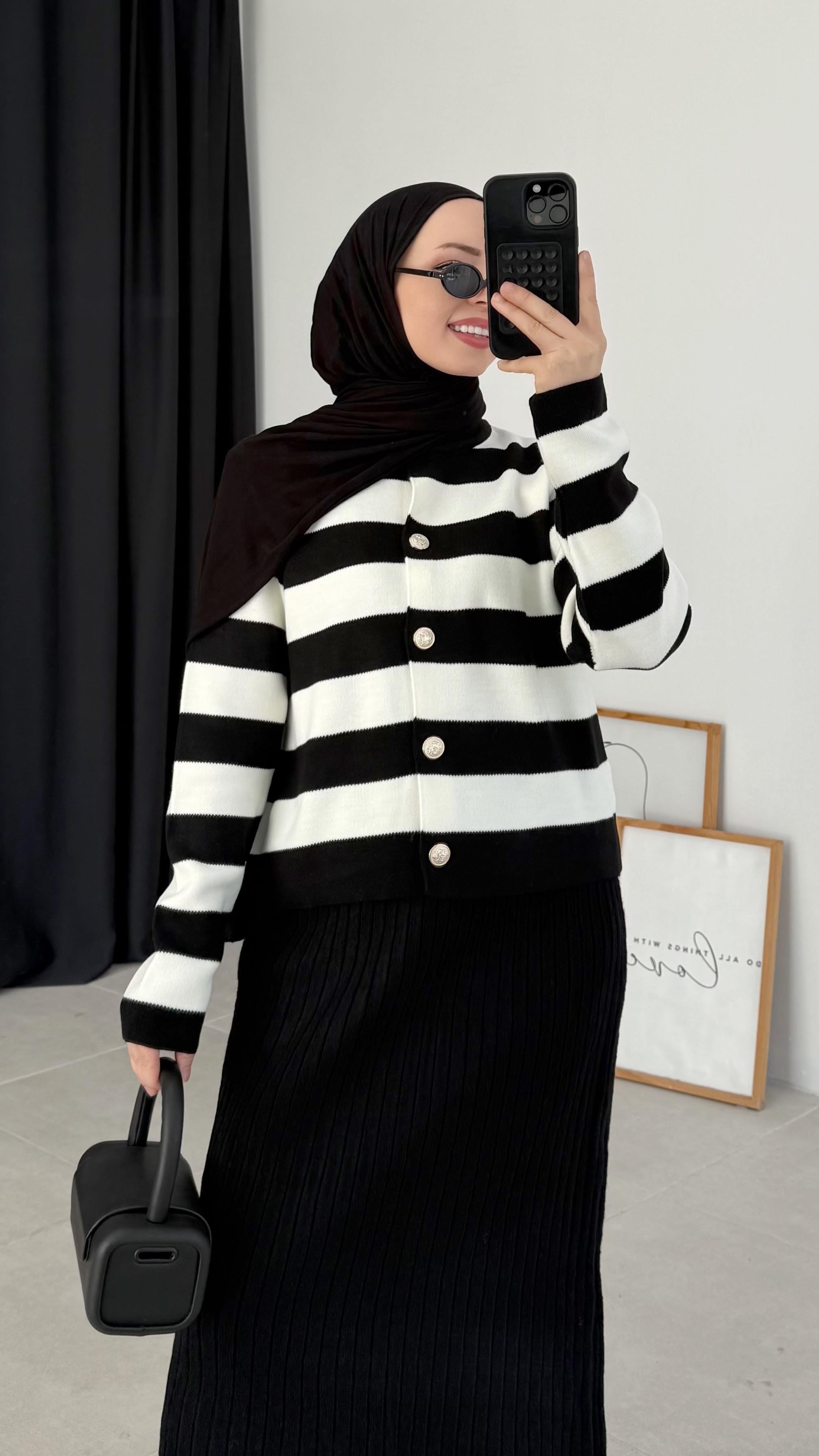 Leidy Siyah Zara Model Çizgili Kısa Triko Hırka (2796)