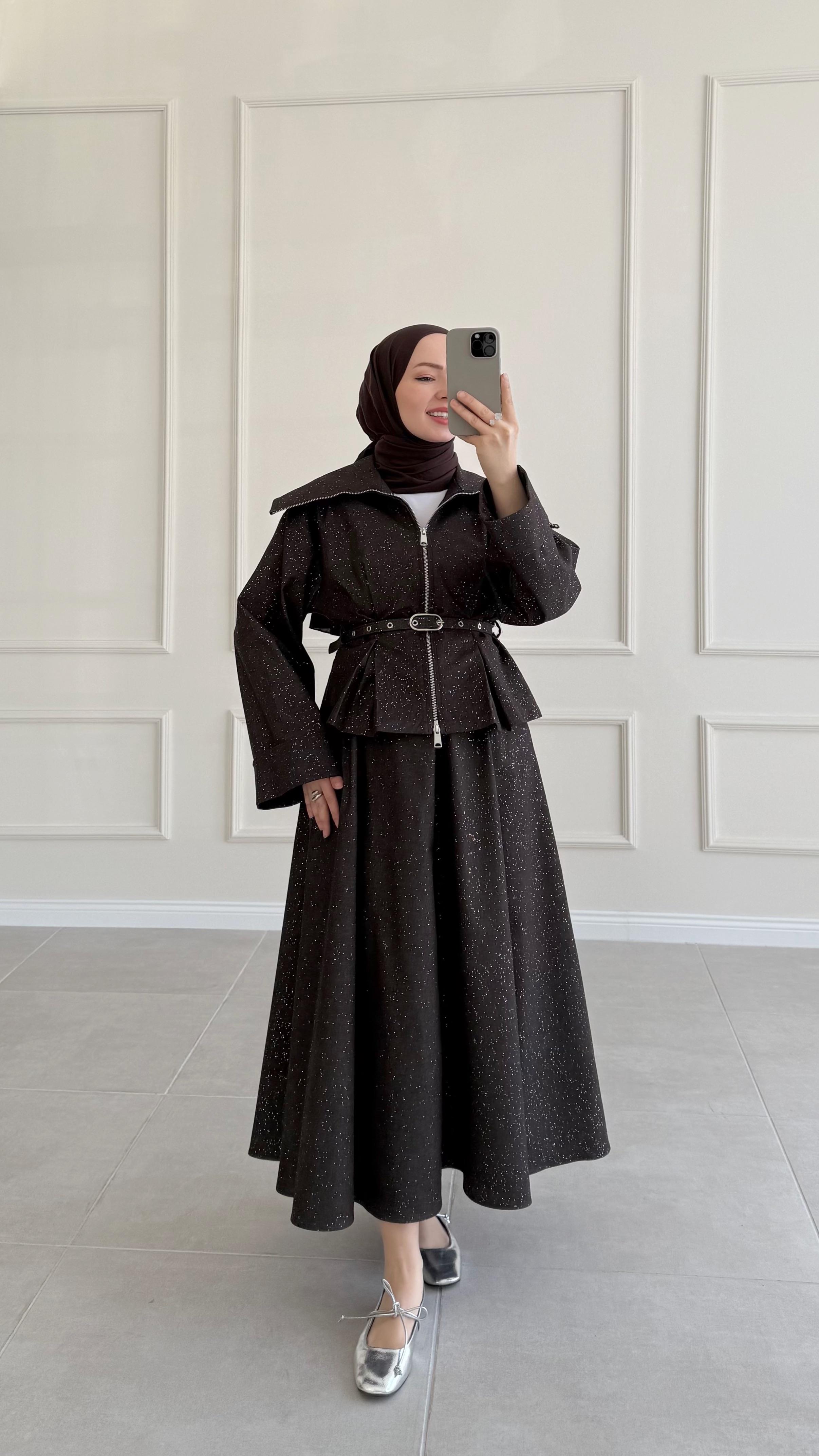 Lina Kahverengi Denim Simli Etek Takım