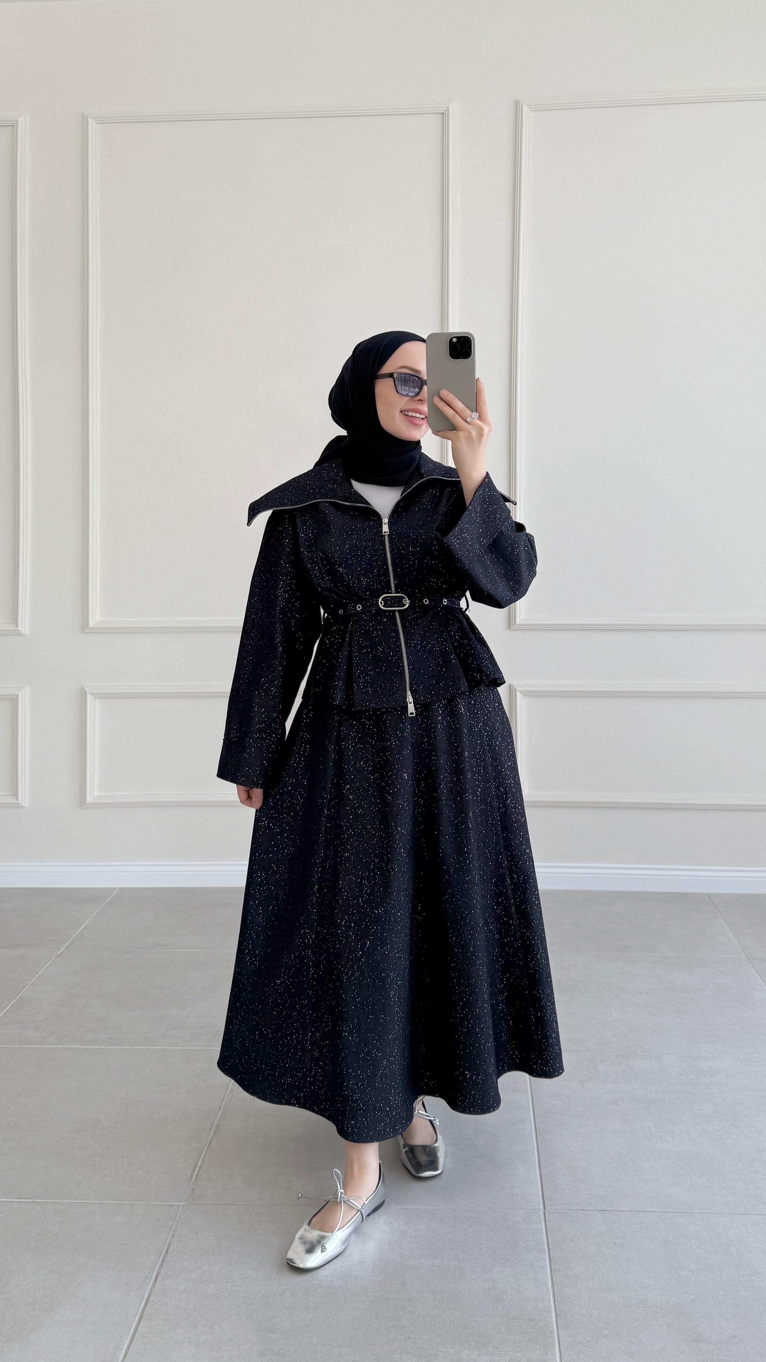 Lina Lacivert Denim Simli Etek Takım