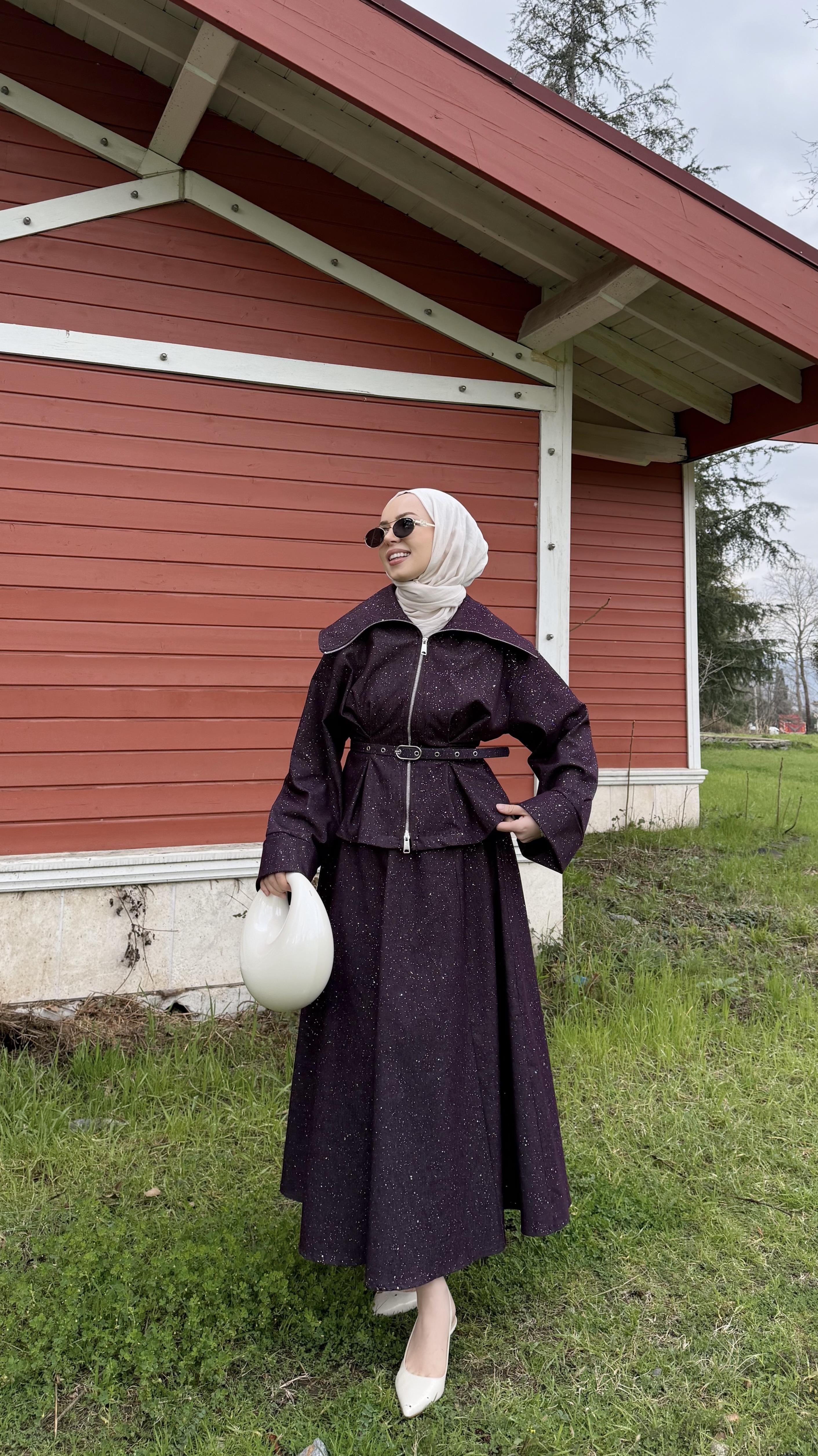 Lina Mürdüm Denim Simli Etek Takım