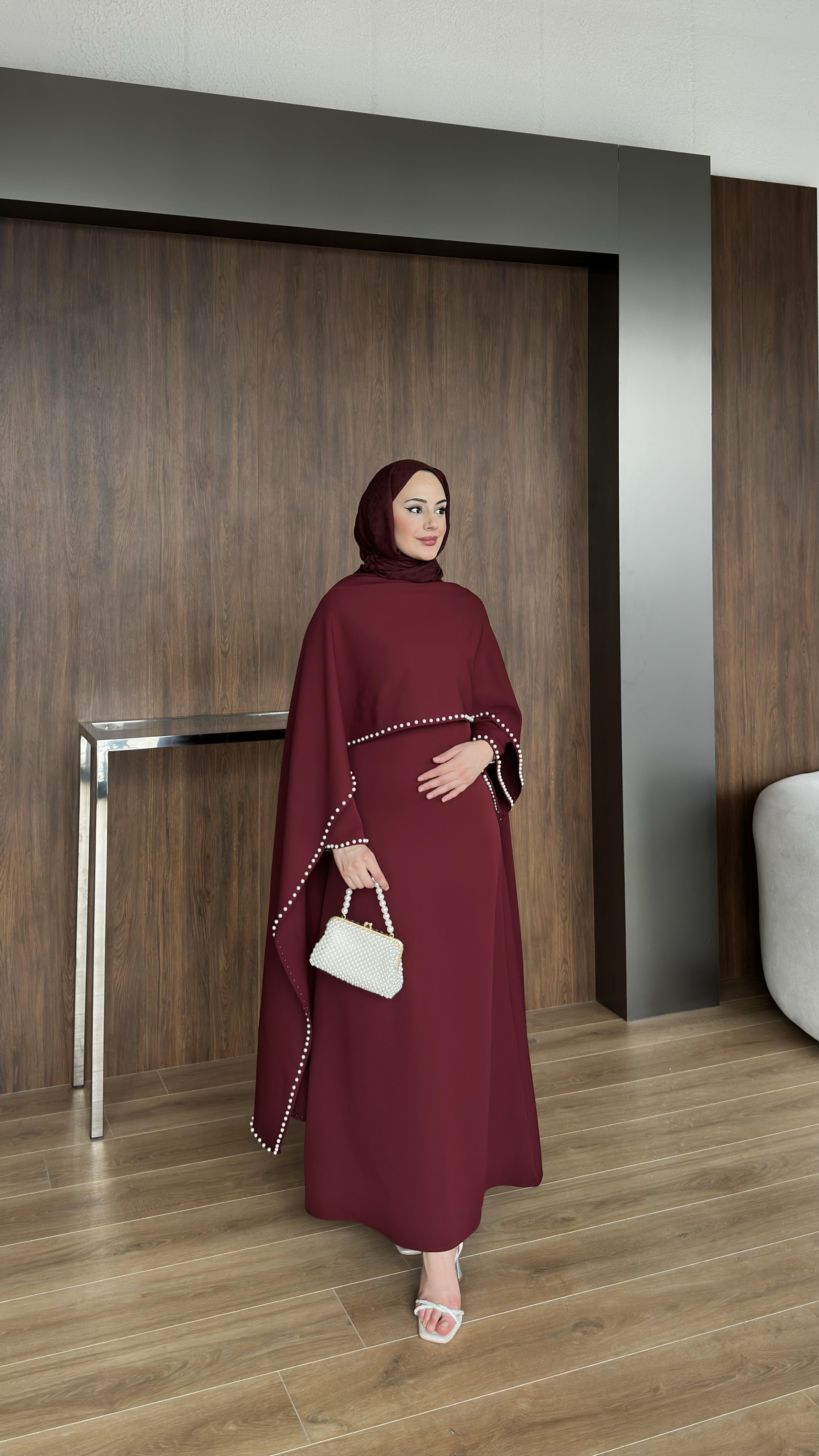 Linda İnci Detaylı Bordo Abiye