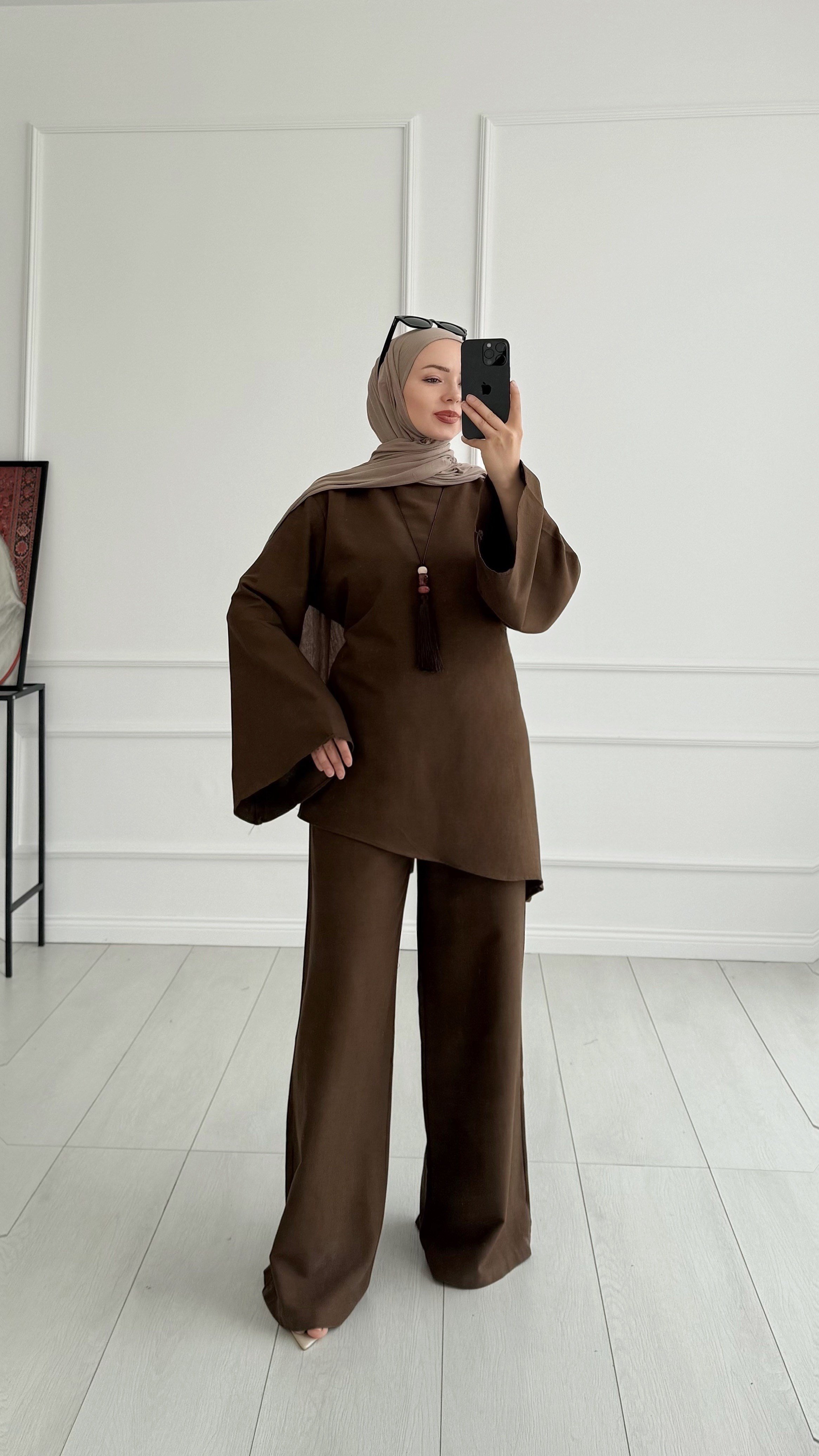 Loni Tasarım Model Keten Kahverengi Takım