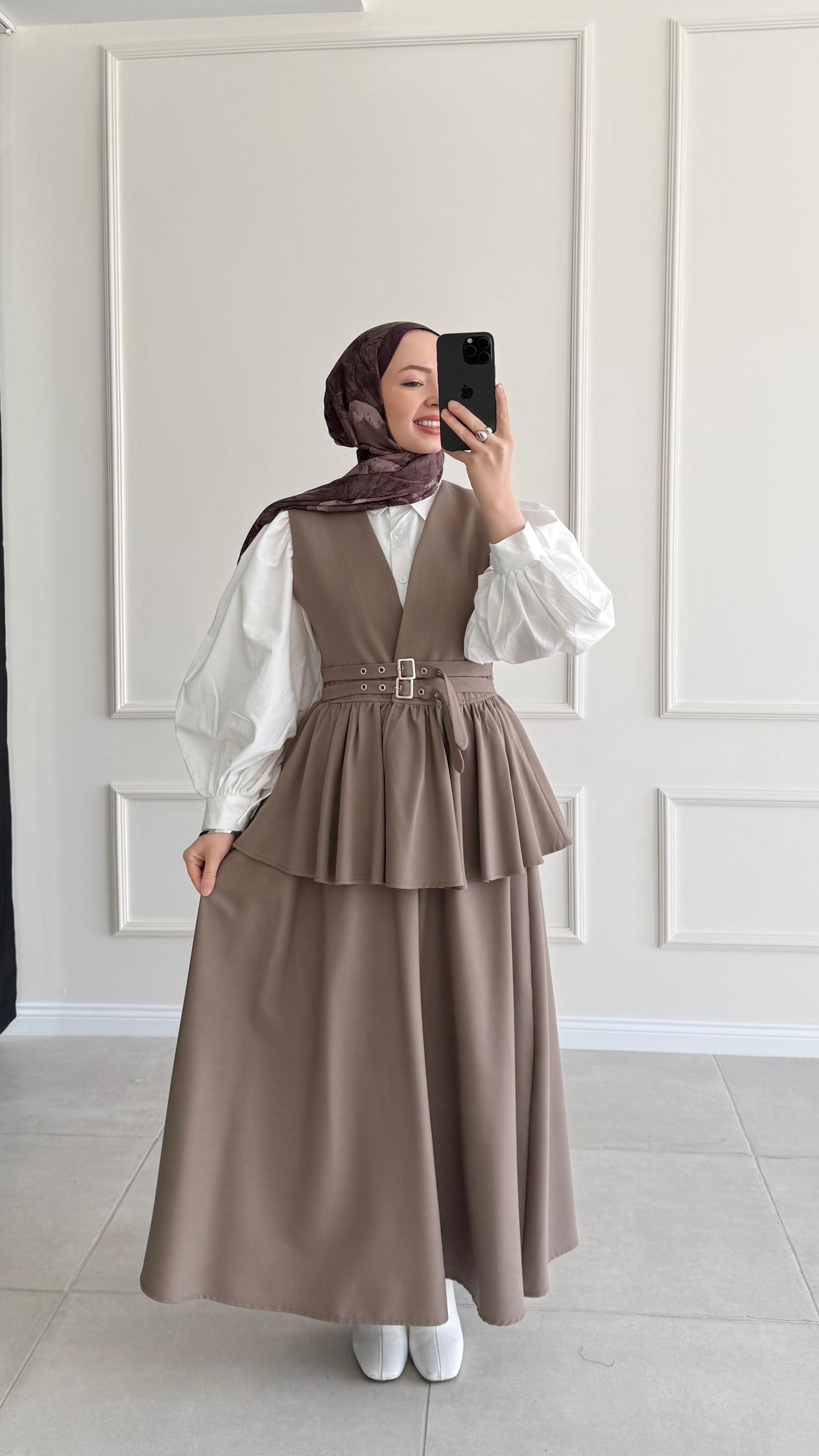 Markel Çift Kemerli Premium Vizon Yelek Etek Takım