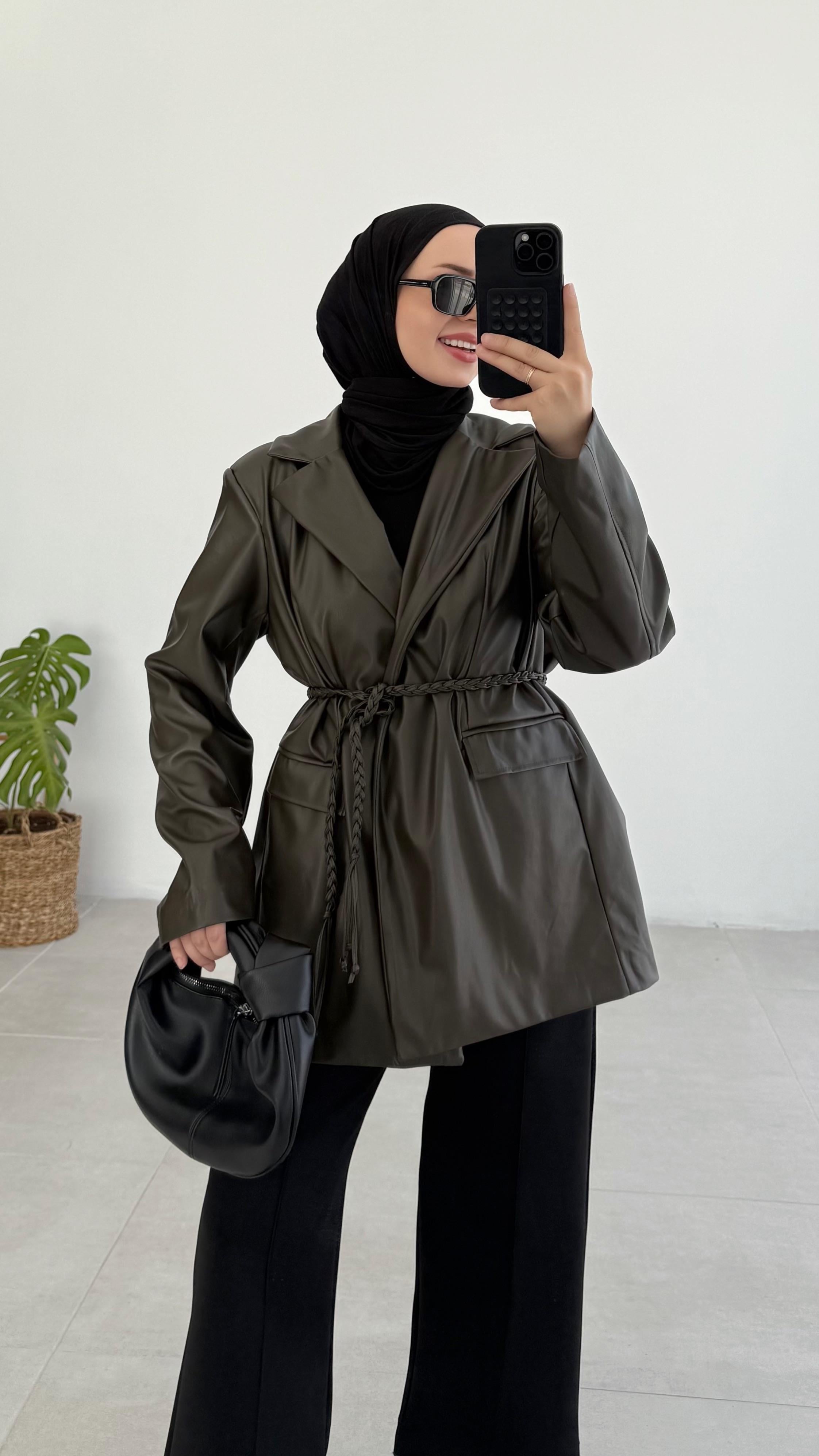 Massi Örgü Kemerli Premıum Haki Deri Ceket