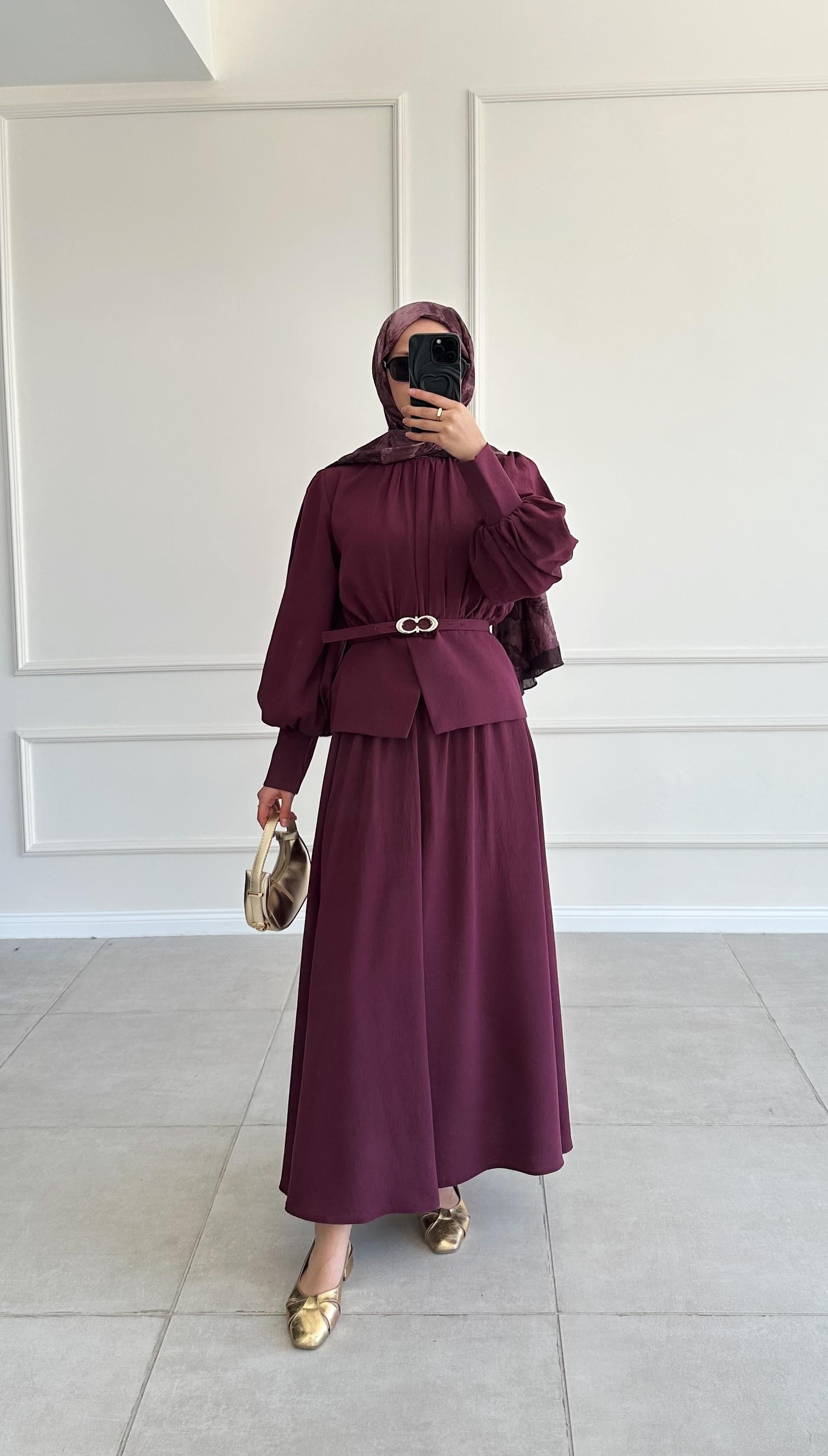 Melly Bel Detaylı Bordo Etek Takım