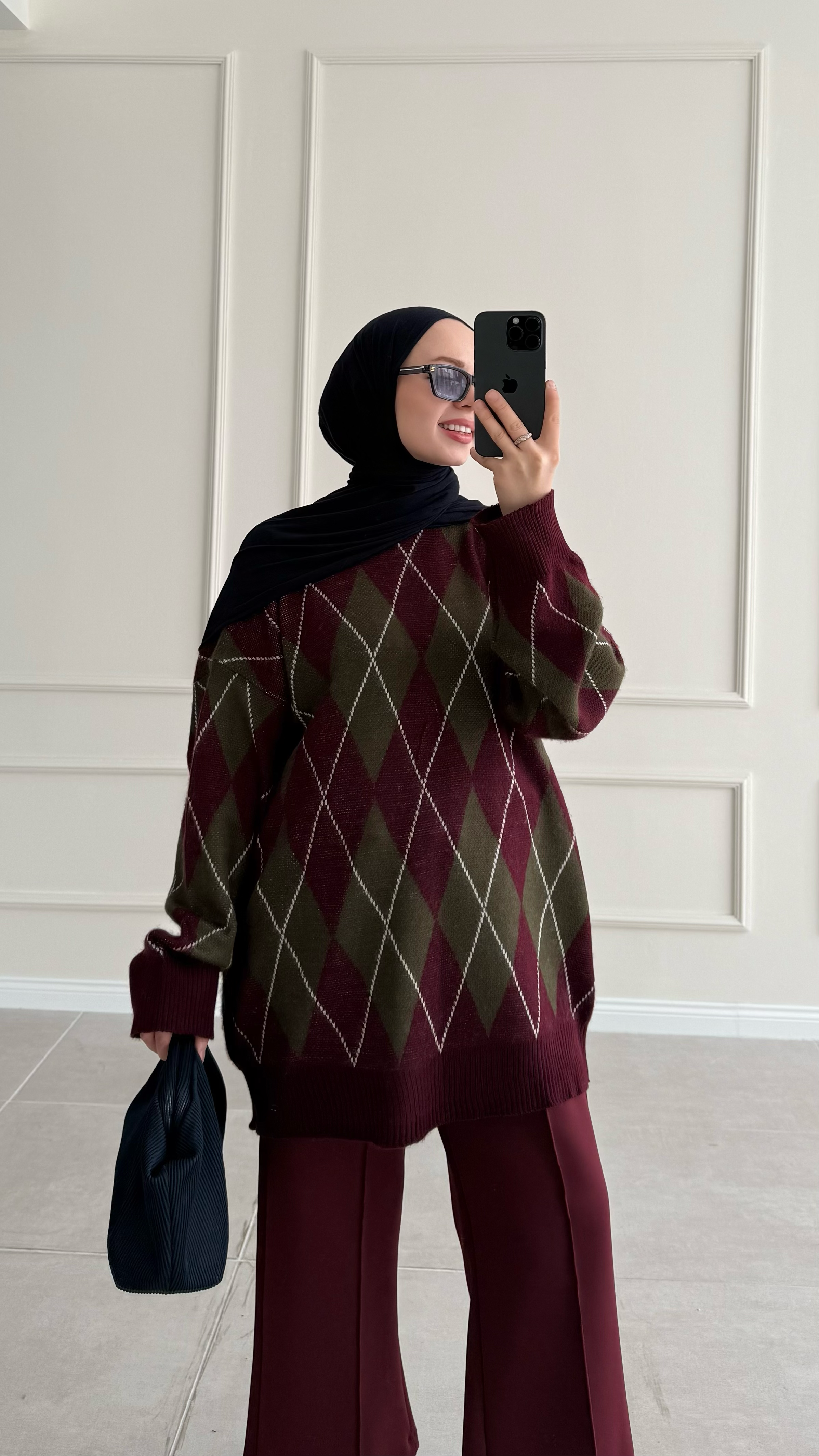 Miray Oversize Baklava Desen Bordo Yeşil Kazak