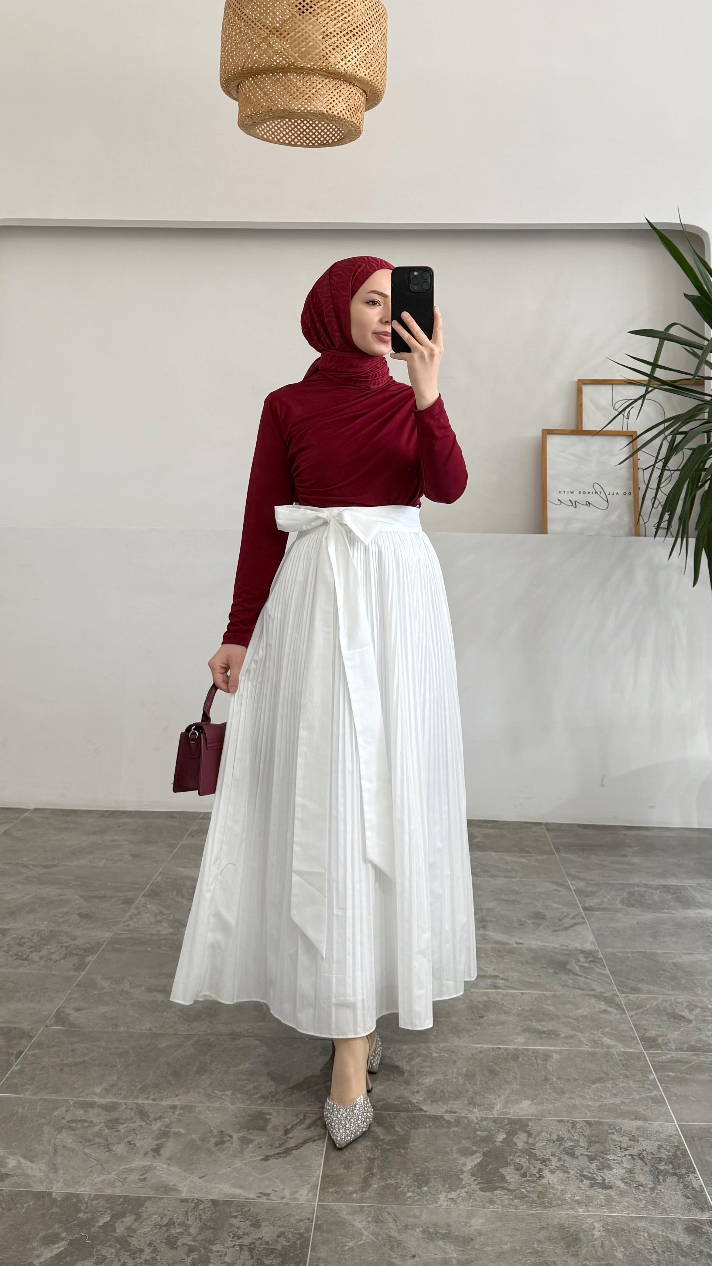 Neyer Kırık Piliseli Poplin Beyaz Etek 