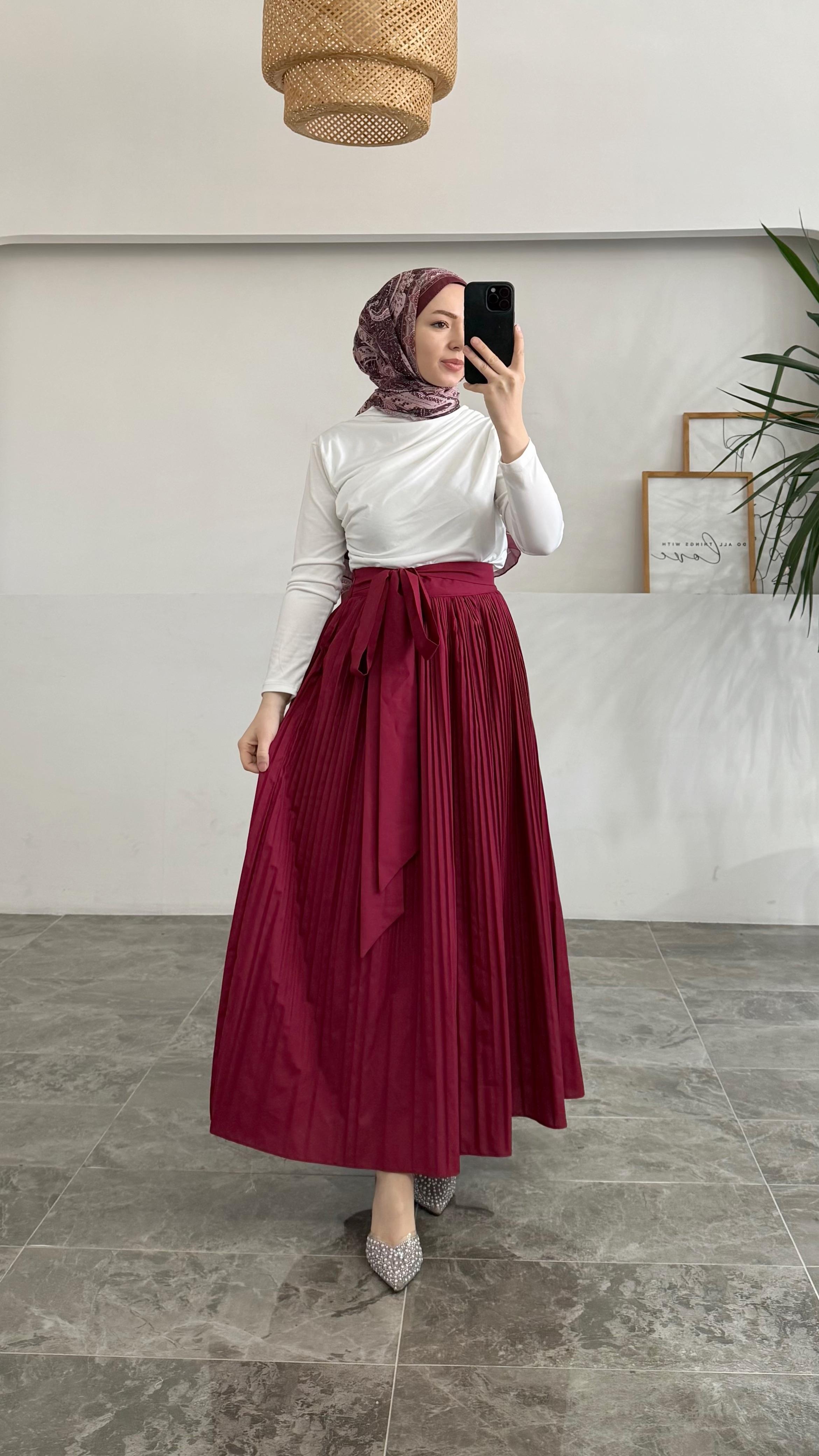Neyer Kırık Piliseli Poplin Bordo Etek 
