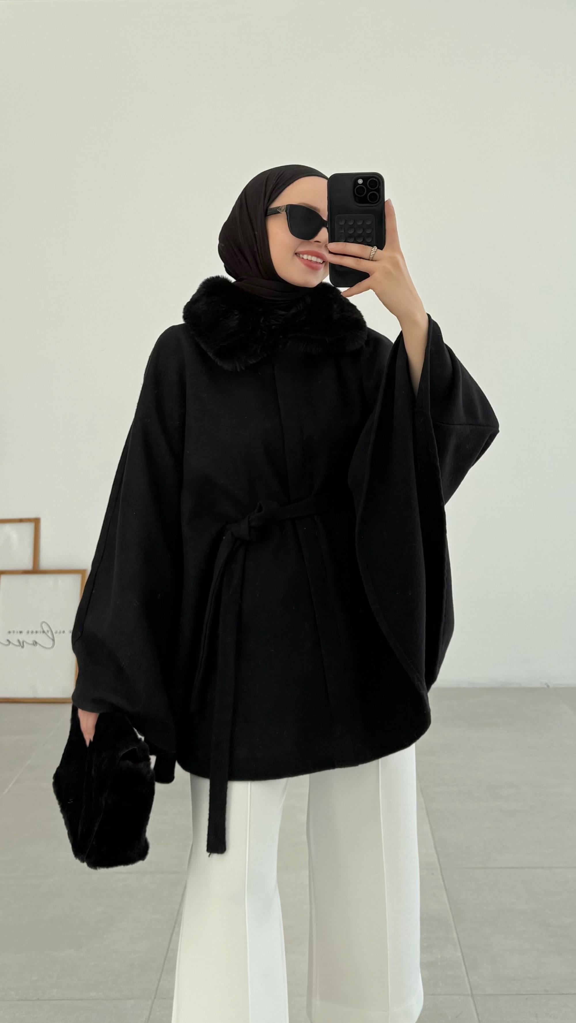 Nixi Premıum Kürk Yaka Siyah Panço 