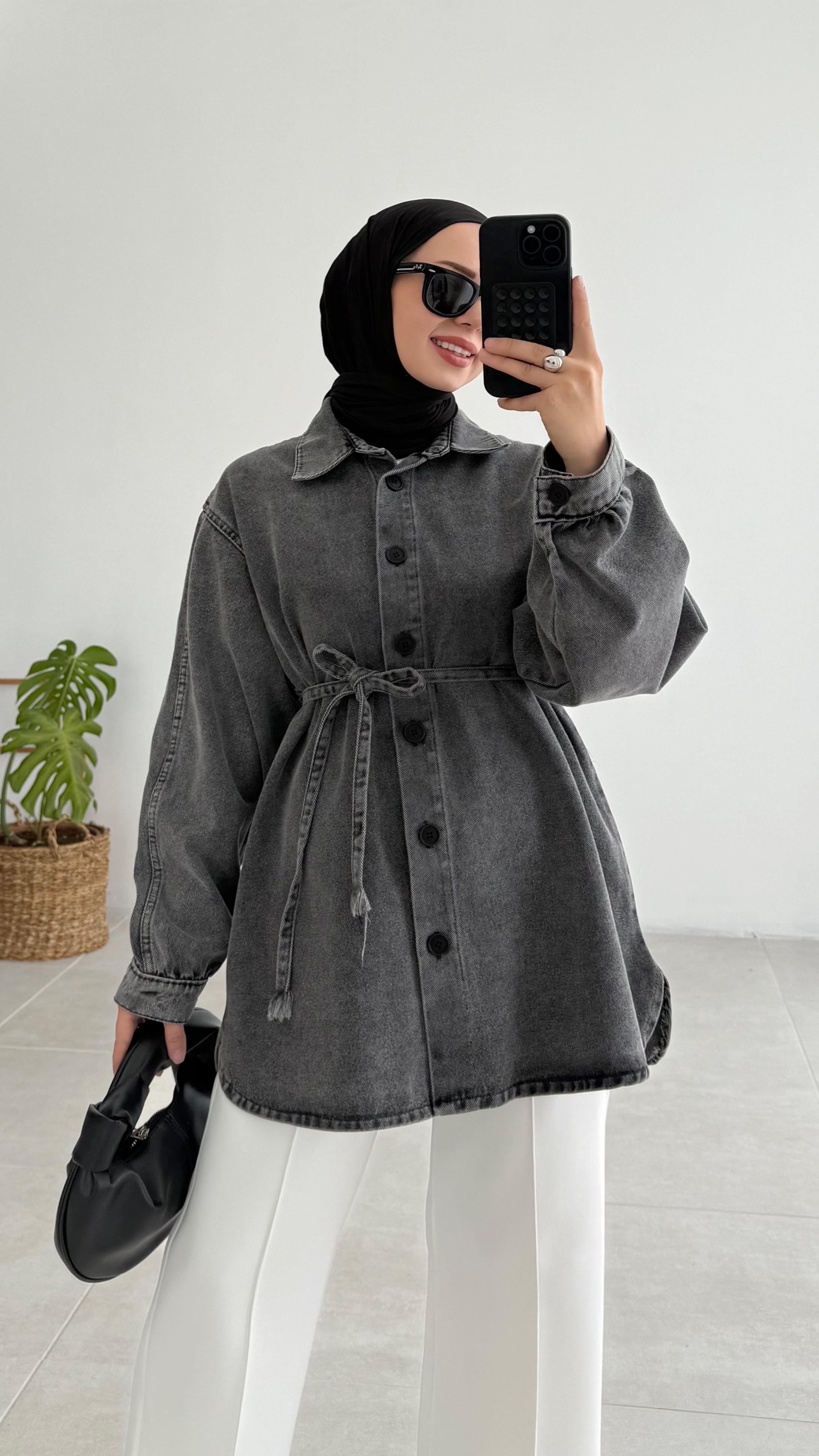 Passe Bel Bağlamalı Antrasit Kot Ceket