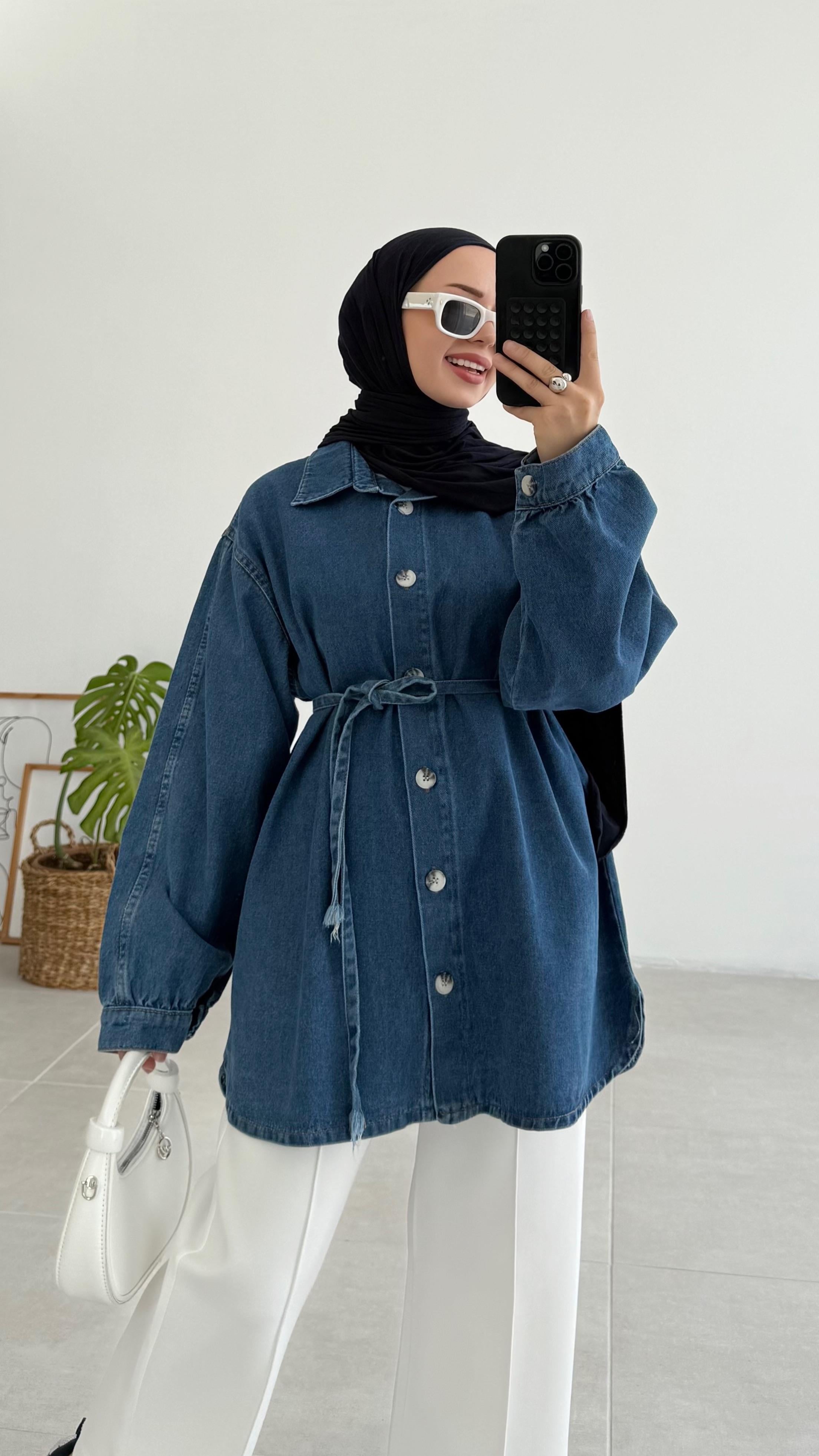 Passe Bel Bağlamalı Mavi Kot Ceket