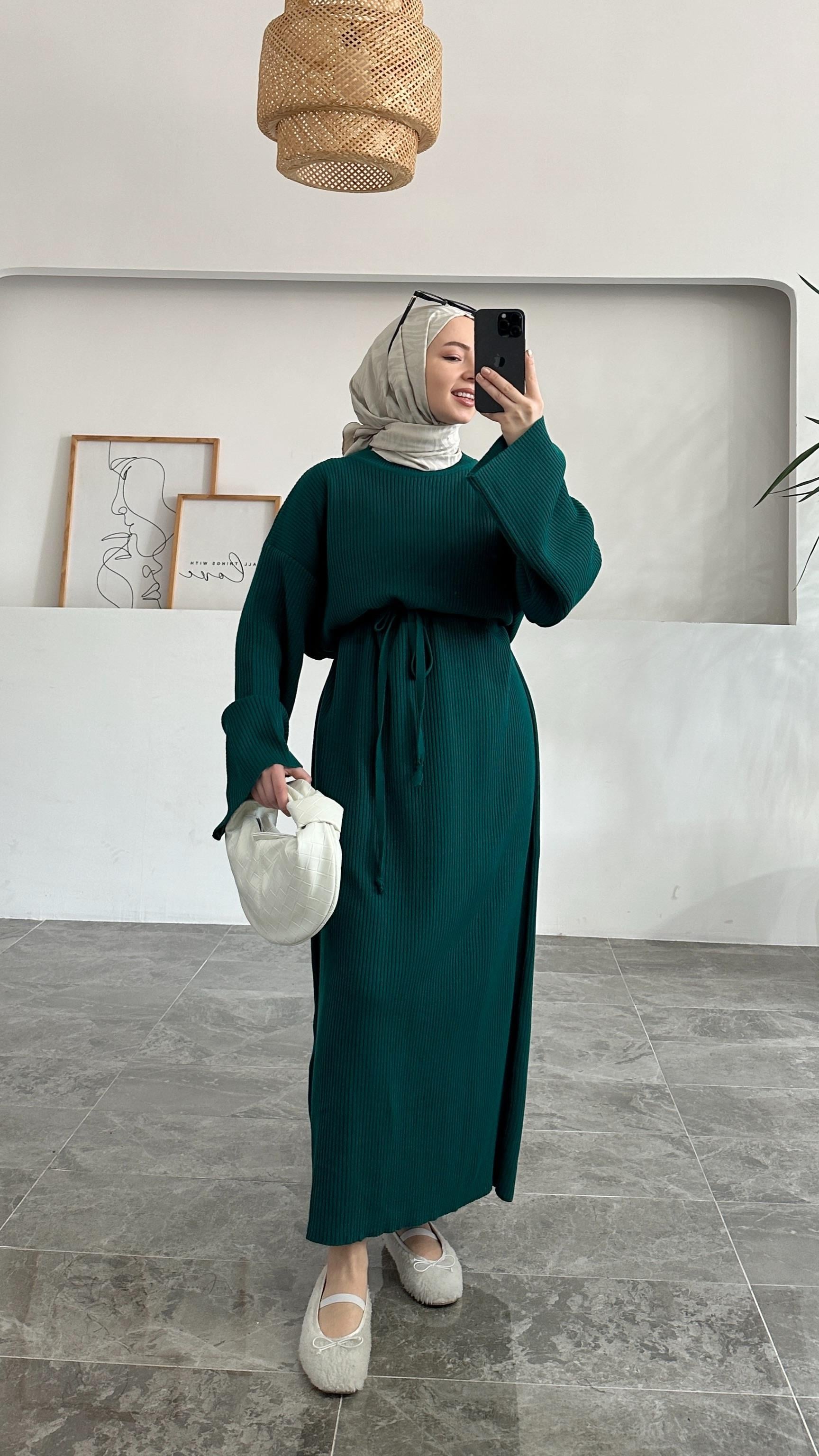 Pella Acı Yeşil Fitilli Triko Elbise