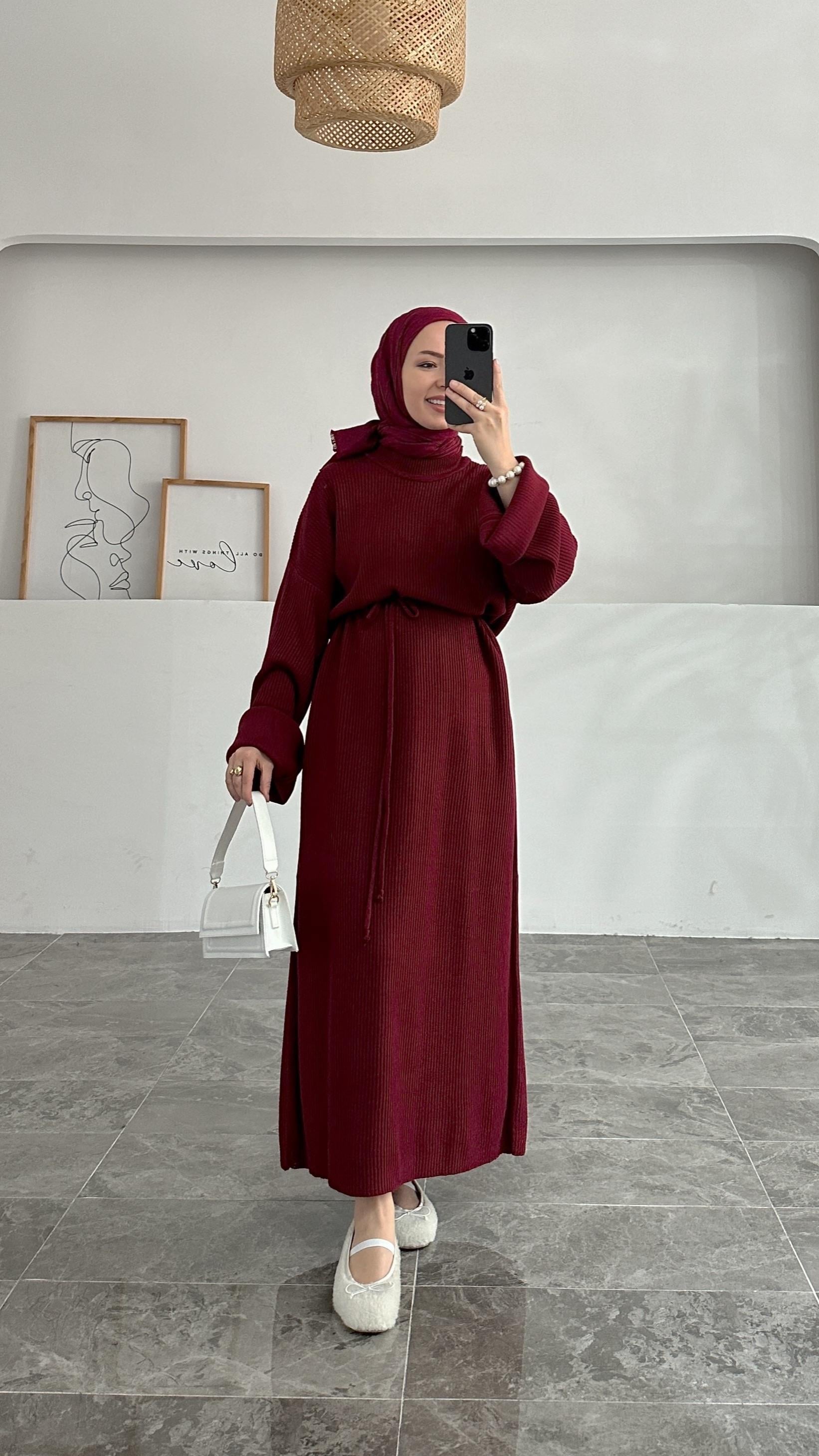 Pella Bordo Fitilli Triko Elbise